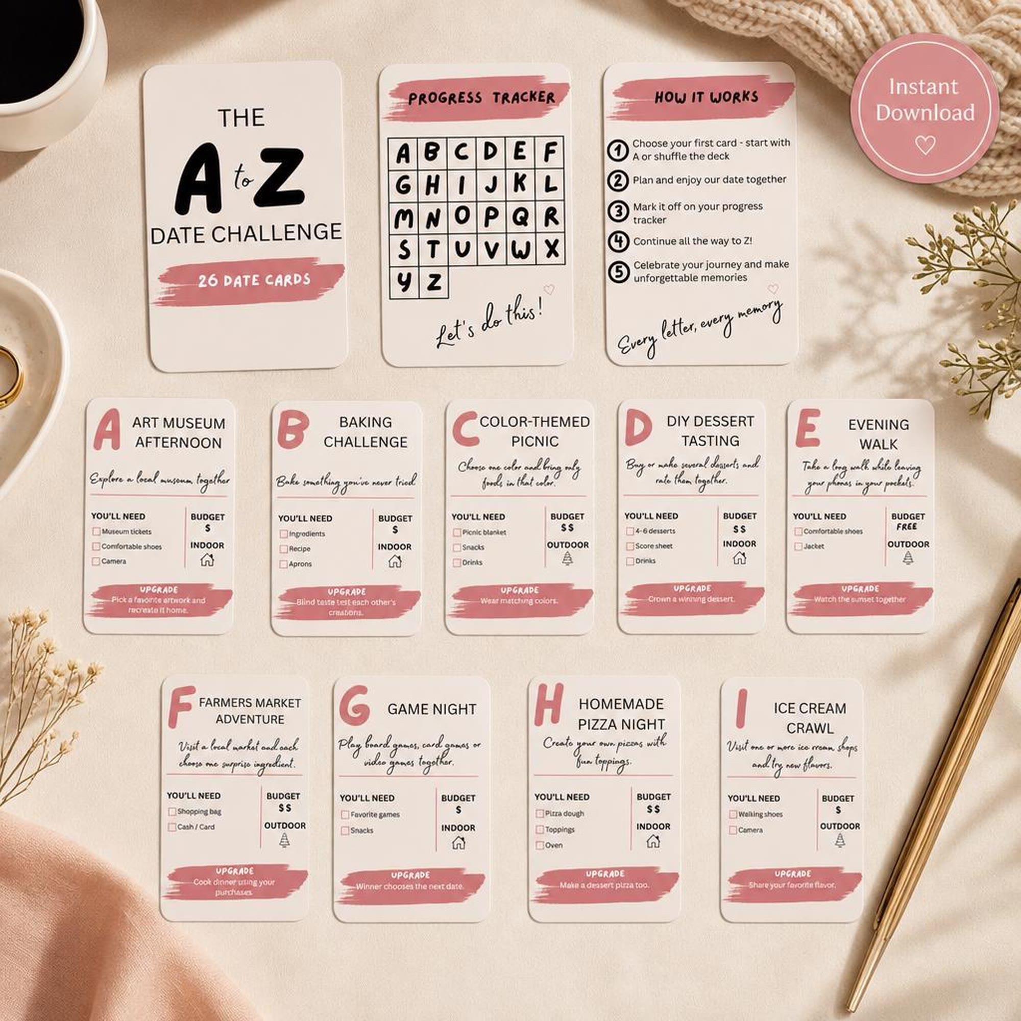 A-Z Date Challenge Cards | Printable Couples Game Deck | Anniversary Activity