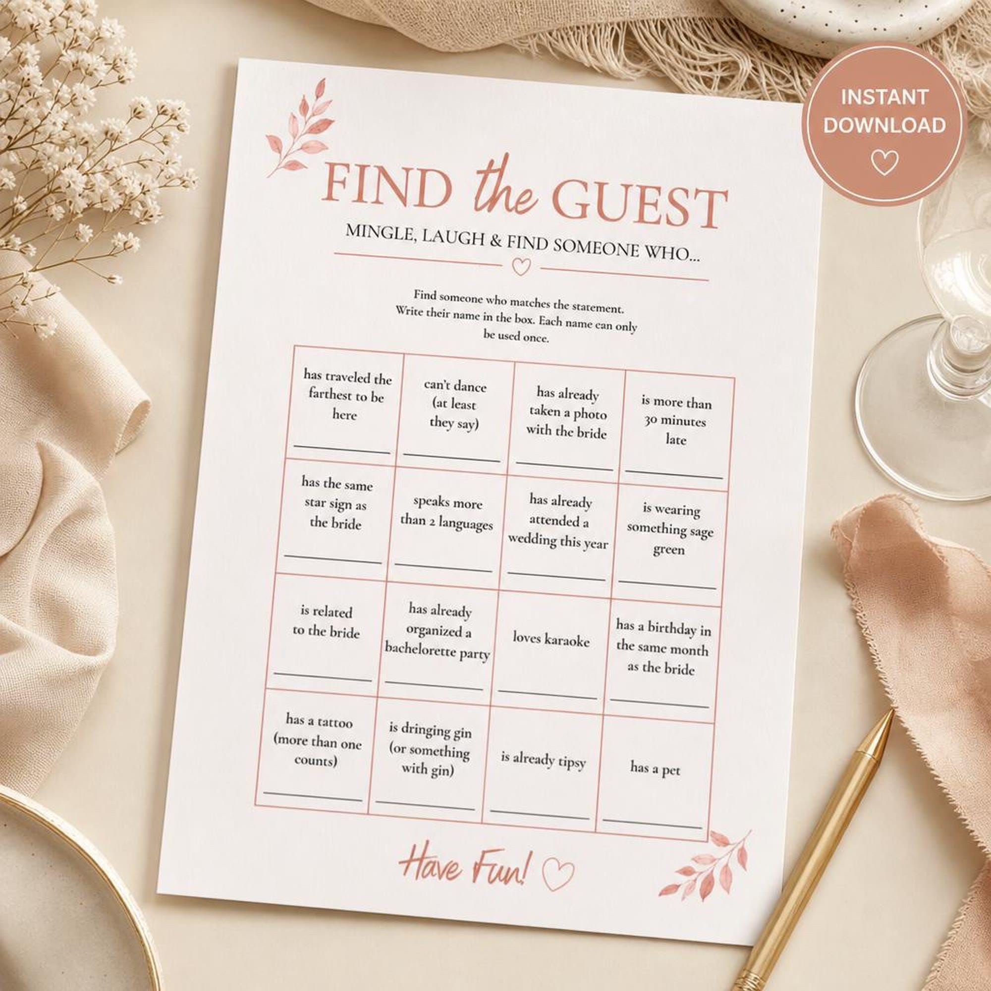 Bridal Shower Find the Guest Game | Boho Printable Icebreaker | Wedding Weekend Activity
