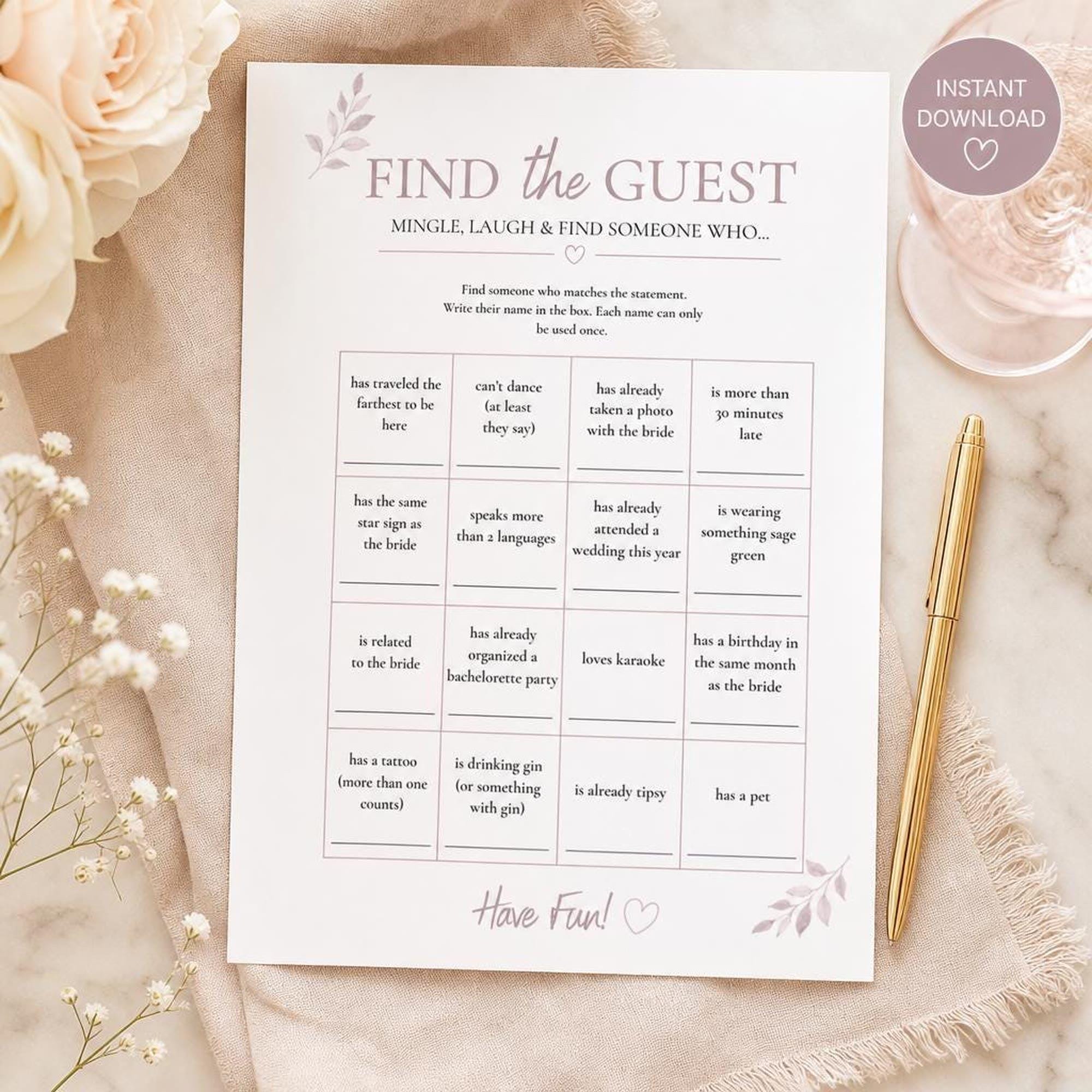Bridal Shower Find the Guest Game | Dusty Rose Printable Icebreaker | Hen Party Activity