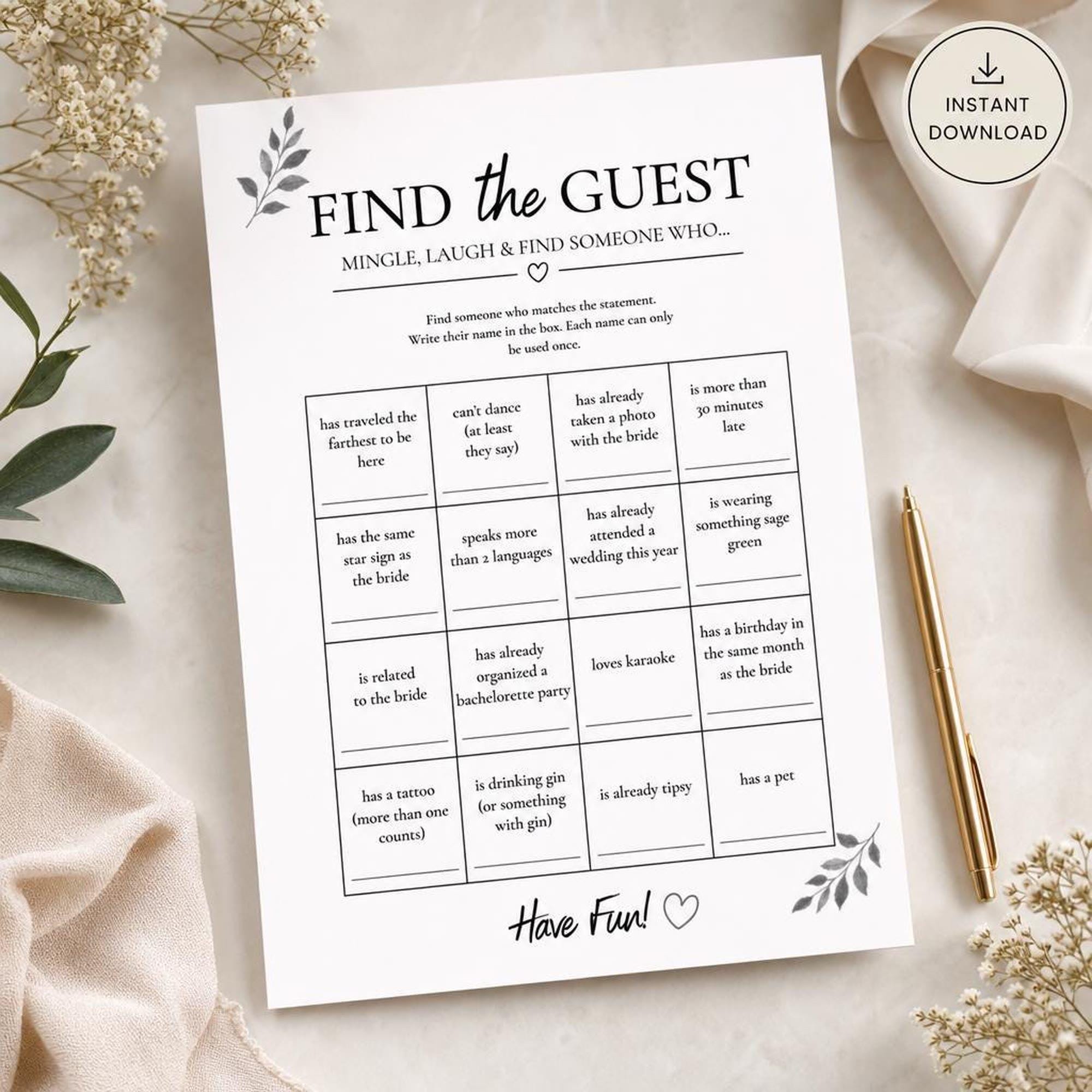 Bridal Shower Find the Guest Game | Printable Mingle Icebreaker | Bachelorette Celebration