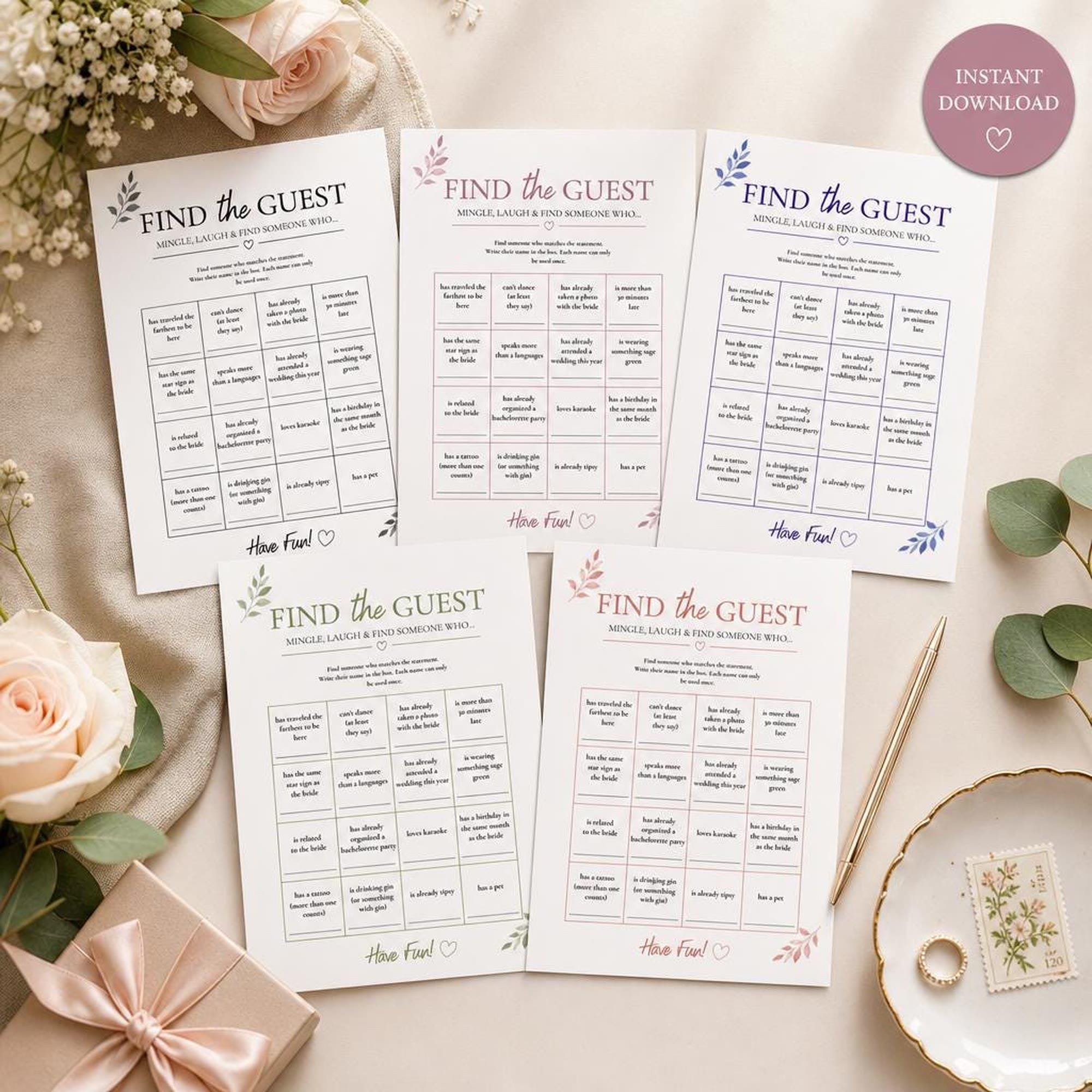 Bridal Shower Find the Guest Game | Printable Mingle Activity, 5 Color Themes | Bachelorette Party Celebration
