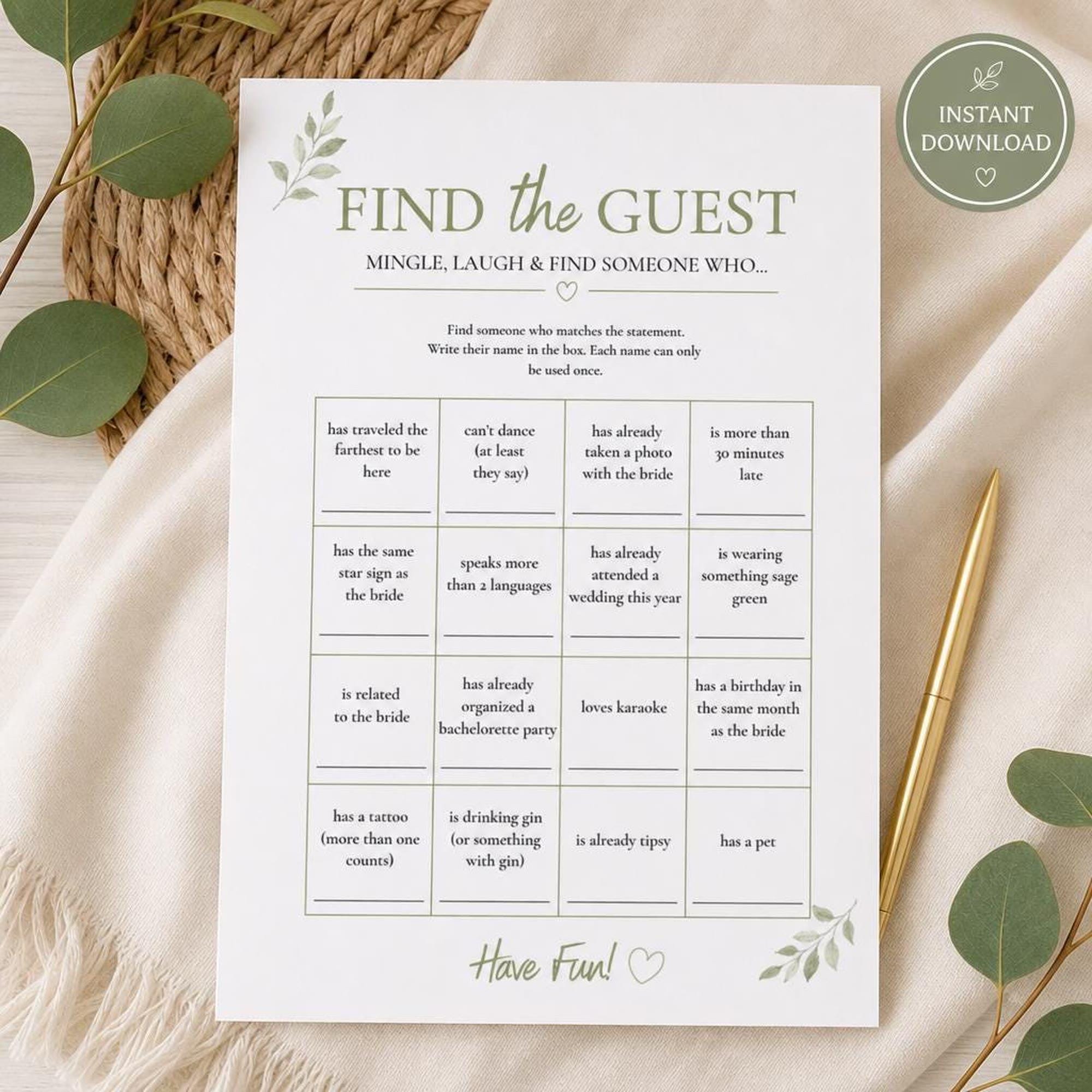 Bridal Shower Find the Guest Game | Sage Green Printable Icebreaker | Bachelorette Party Activity