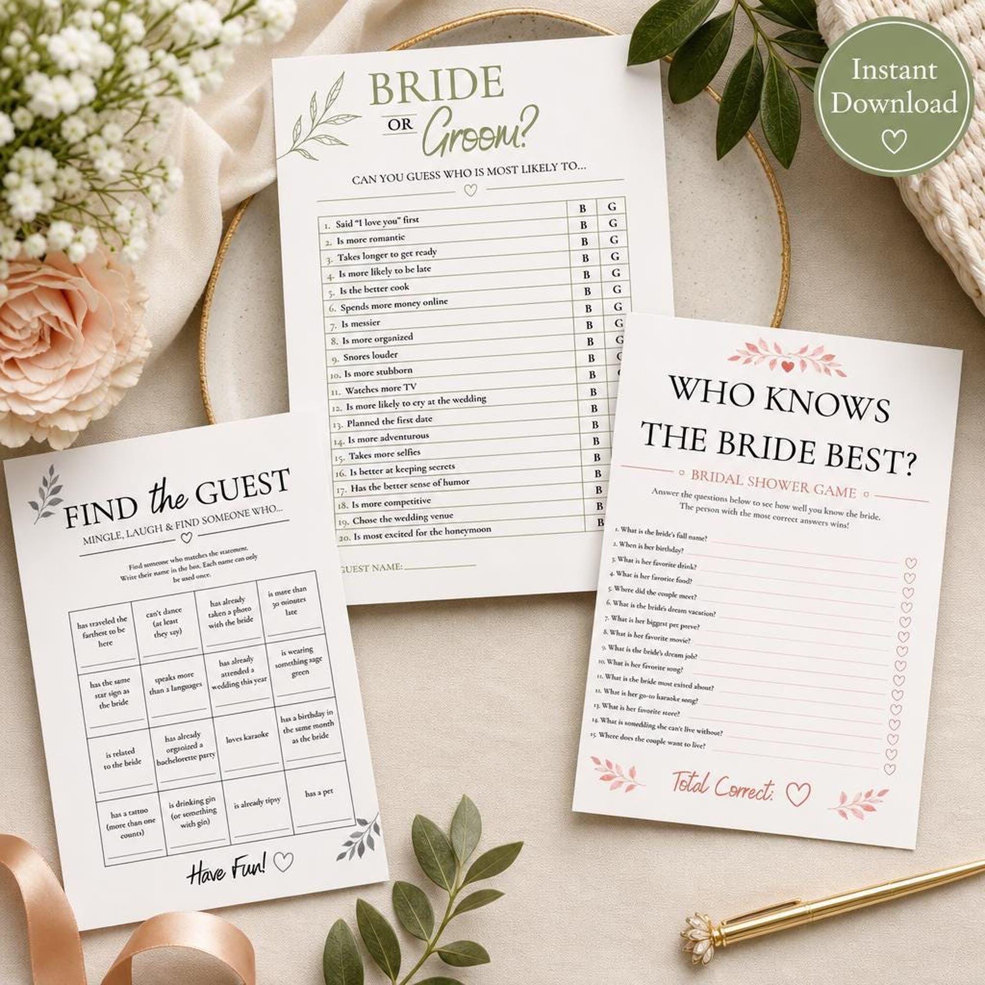 Bridal Shower Games Bundle | Printable Wedding Activities, 5 Colour Themes | Bachelorette Party Celebration