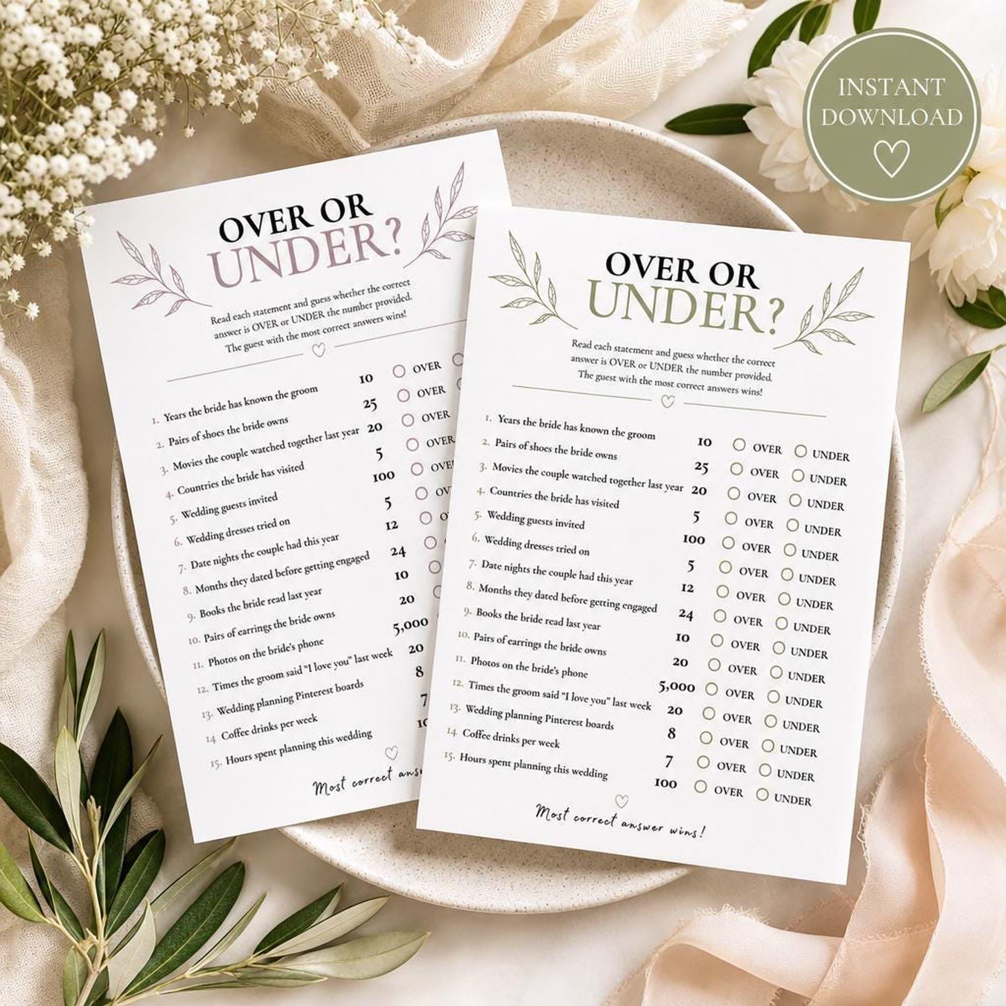 Bridal Shower Over Under Game | Printable Party Activity | Bride-To-Be Celebration