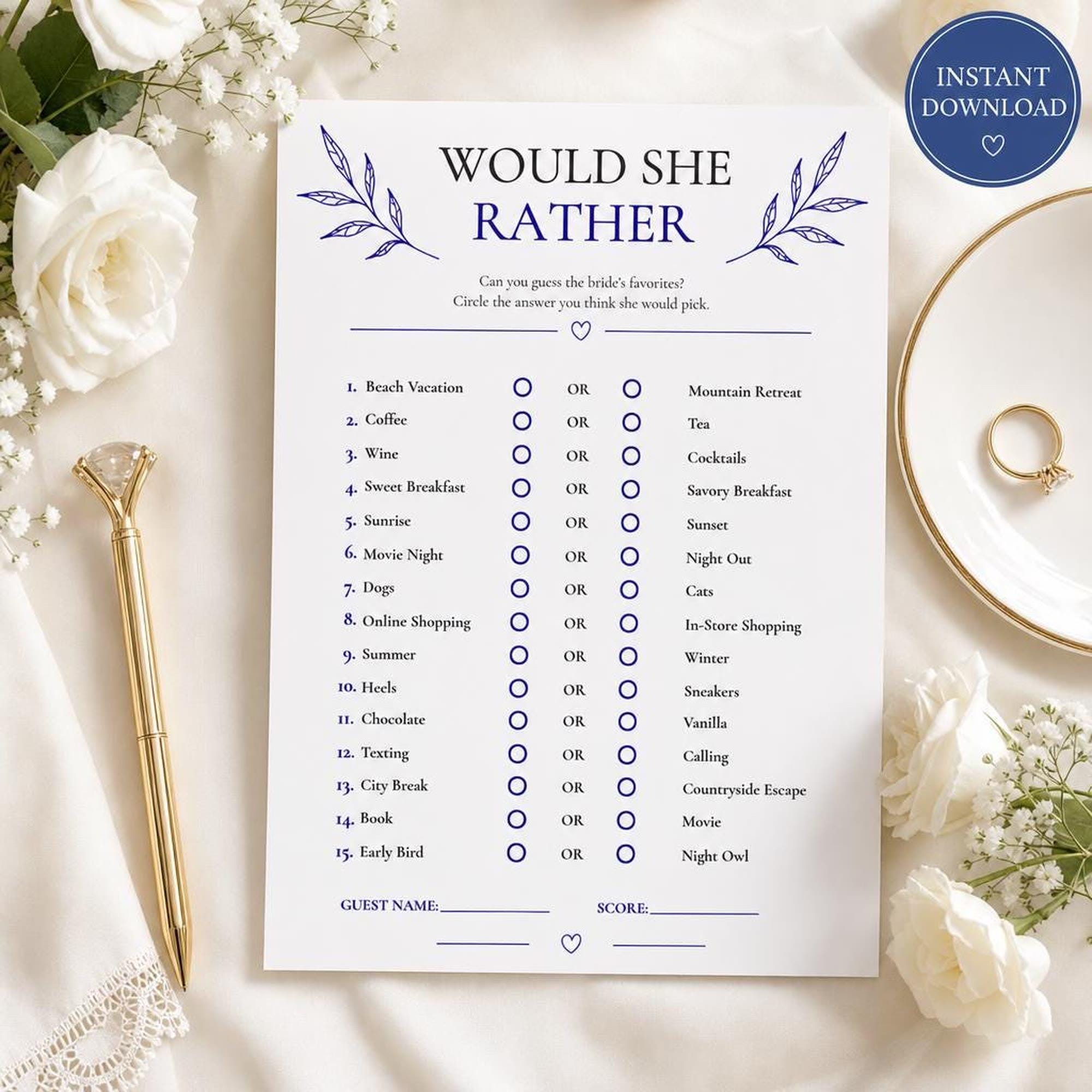 Bridal Shower Would She Rather Game | Royal Blue Printable Activity | Engagement Celebration