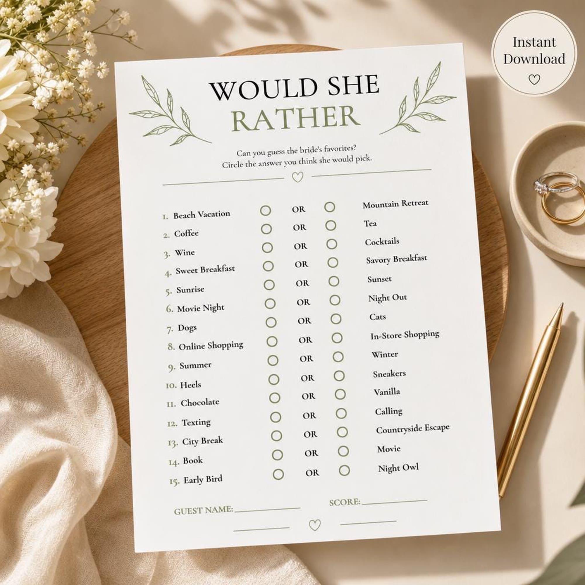 Bridal Shower Would She Rather Game | Sage Green Printable PDF | Bride-to-Be Wedding Activity