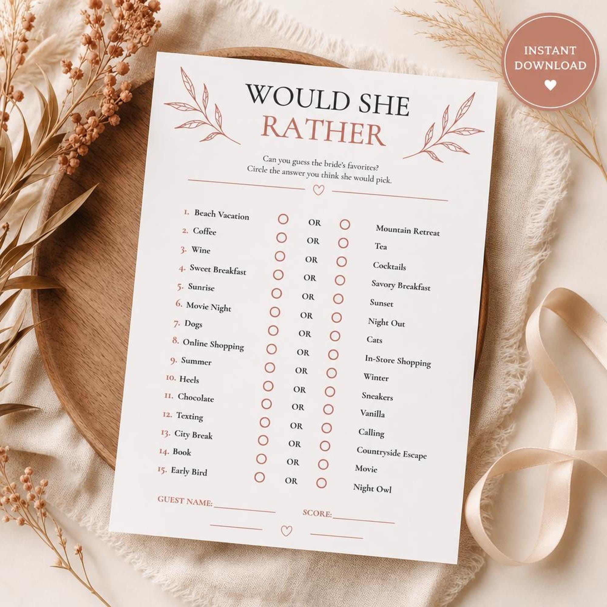 Bridal Shower Would She Rather Game | Terracotta Printable Party Activity | Bride-to-Be Celebration