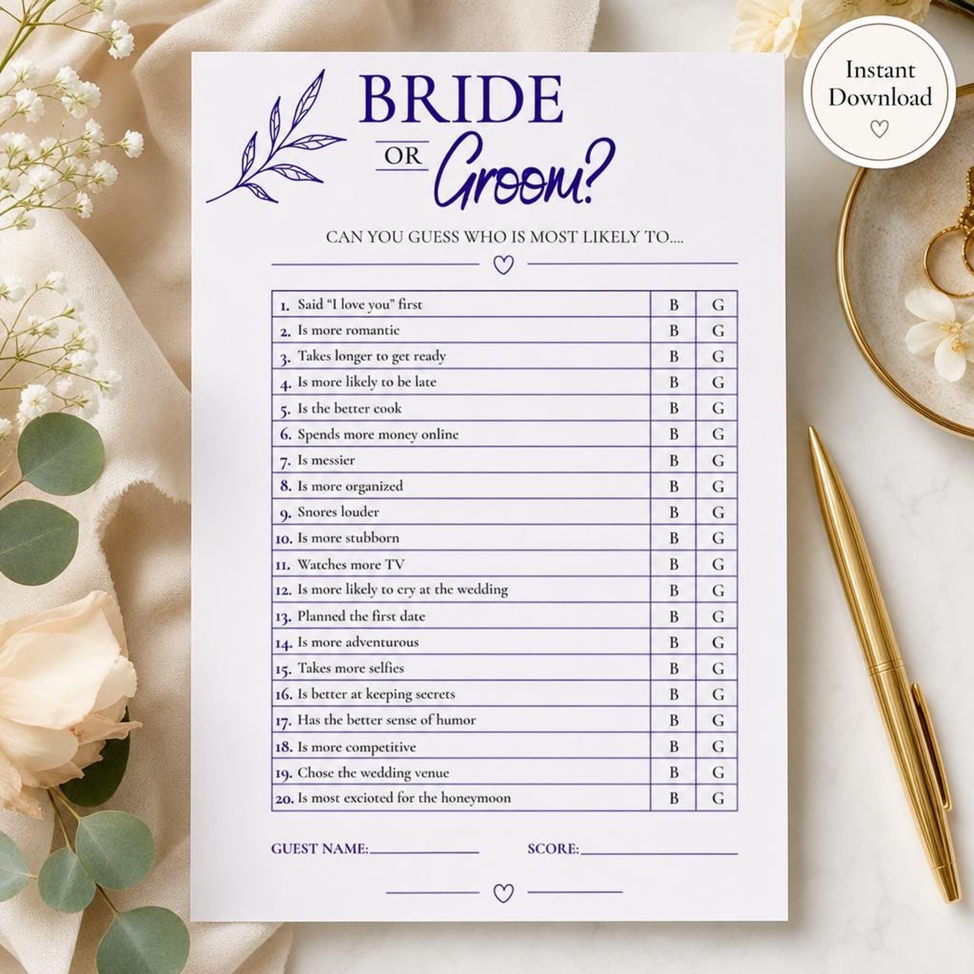 Bride or Groom Bridal Shower Game | Royal Blue Printable Activity | Couples Celebration Icebreaker