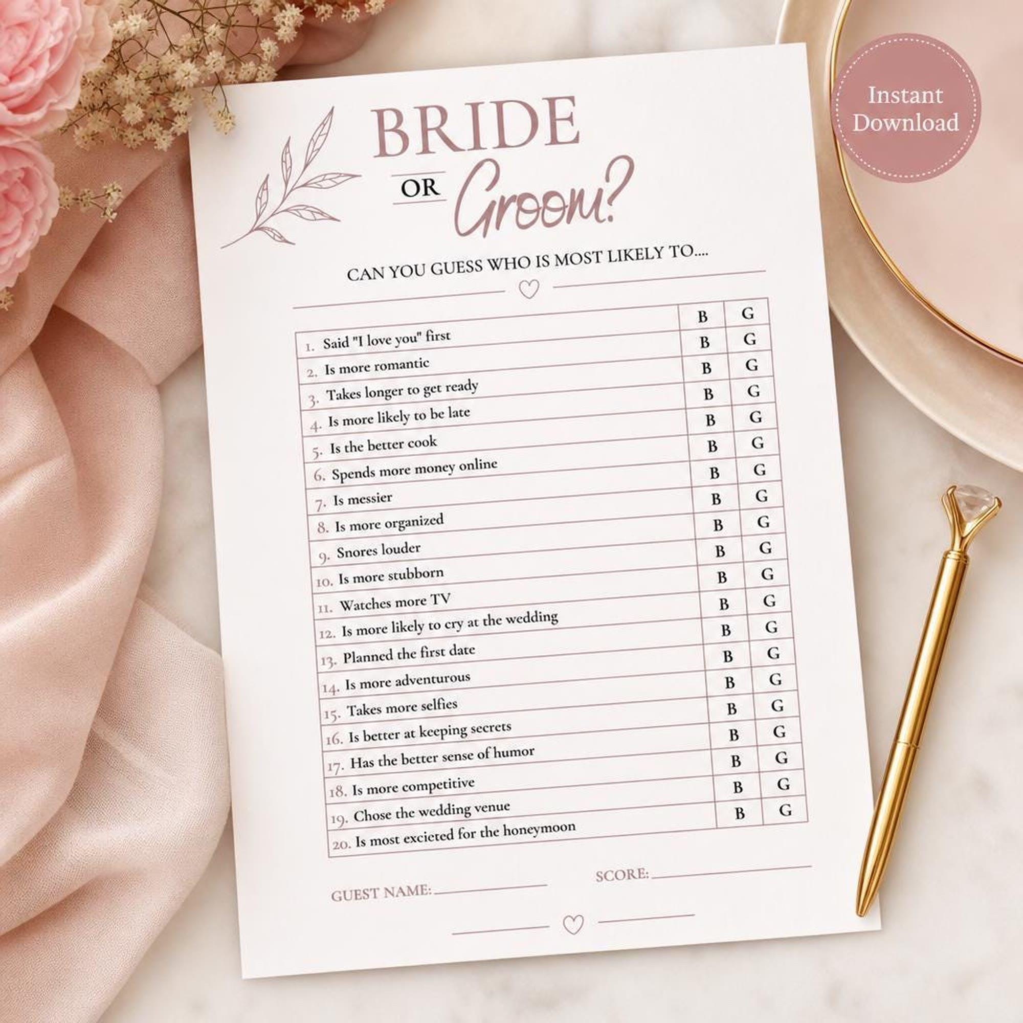 Bride or Groom Game Printable | Dusty Rose Bridal Shower Quiz | Bachelorette Party Activity