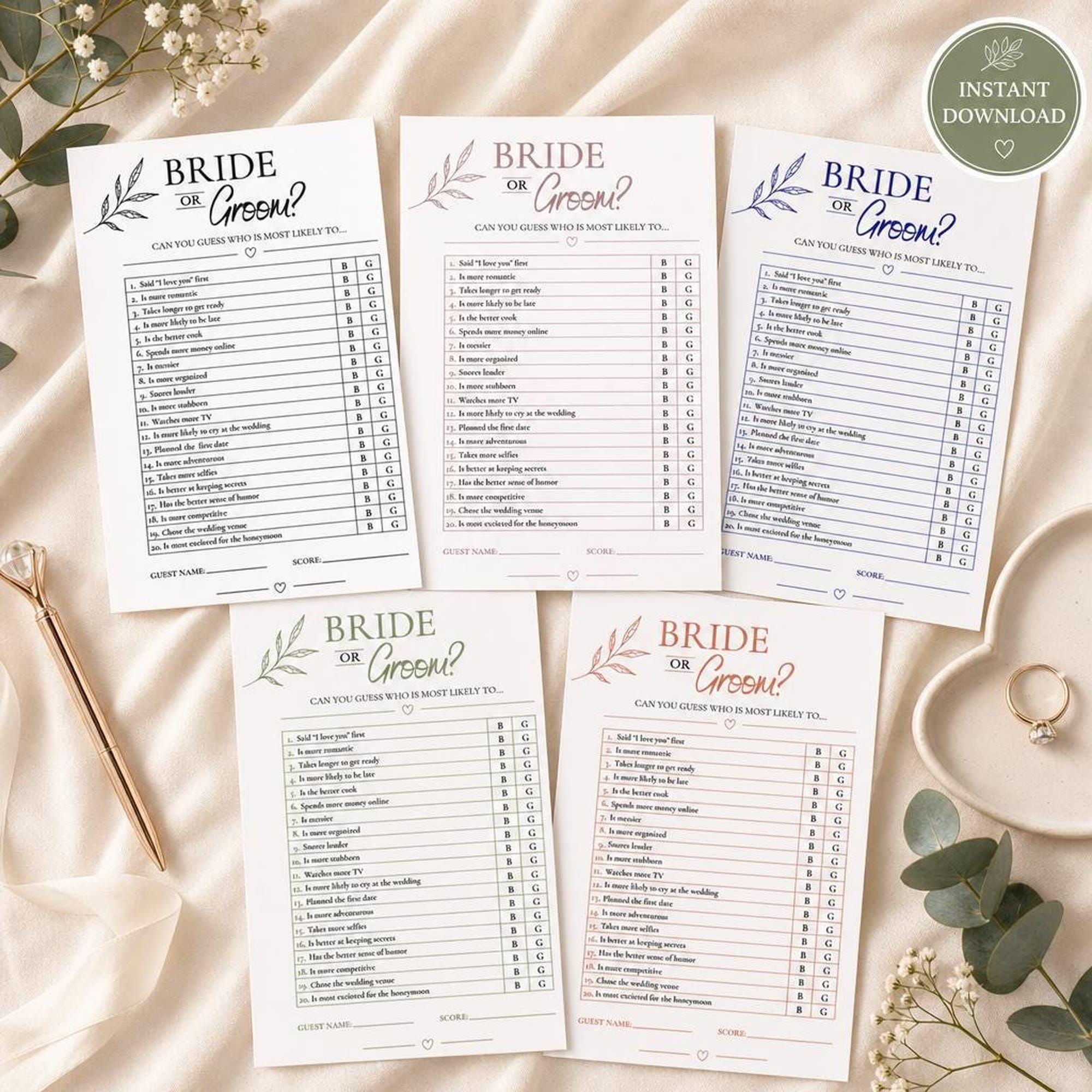 Bride or Groom Game Printable | Minimalist Couples Quiz | Wedding Shower Activity