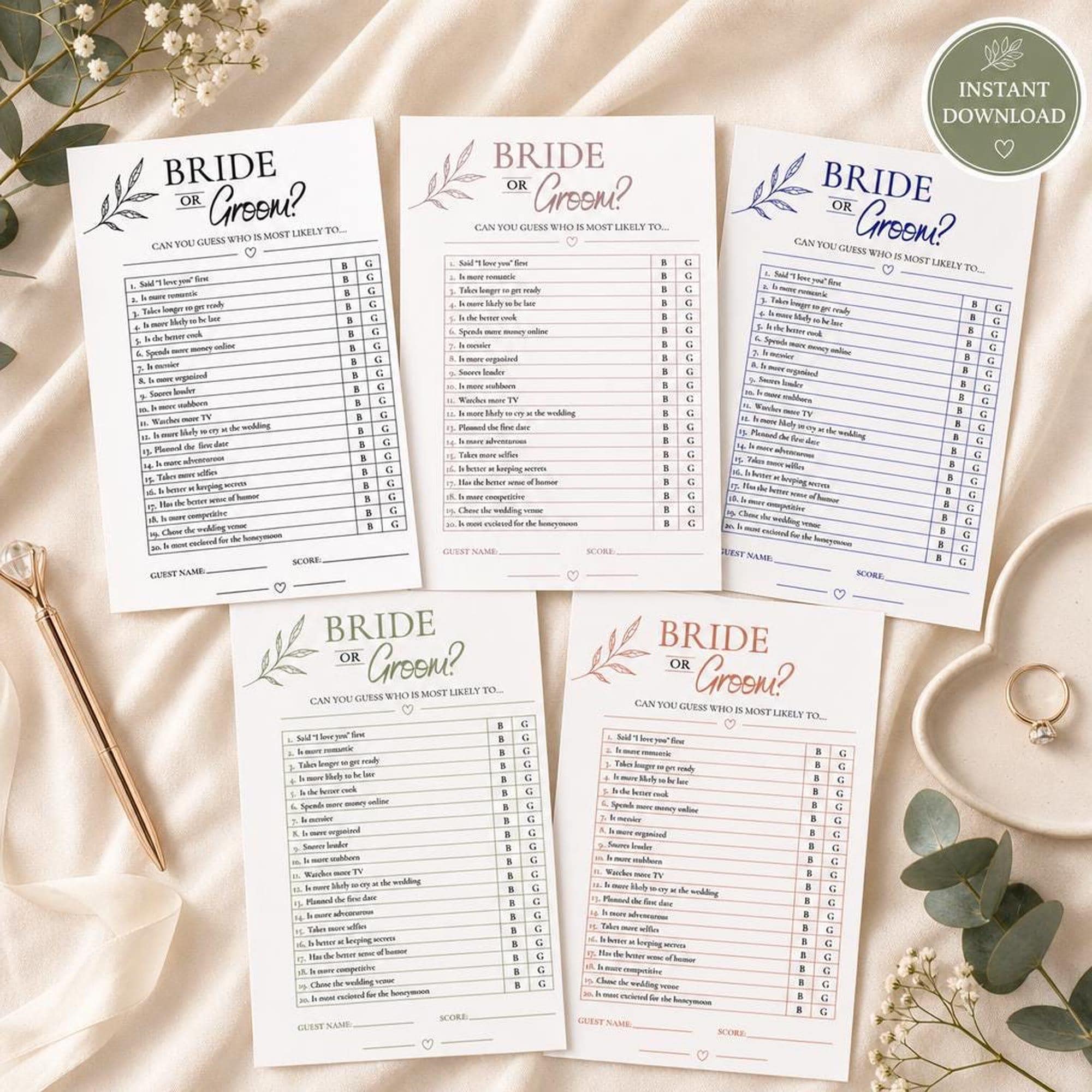 Bride or Groom Game Printable | Minimalist Couples Quiz | Wedding Shower Activity