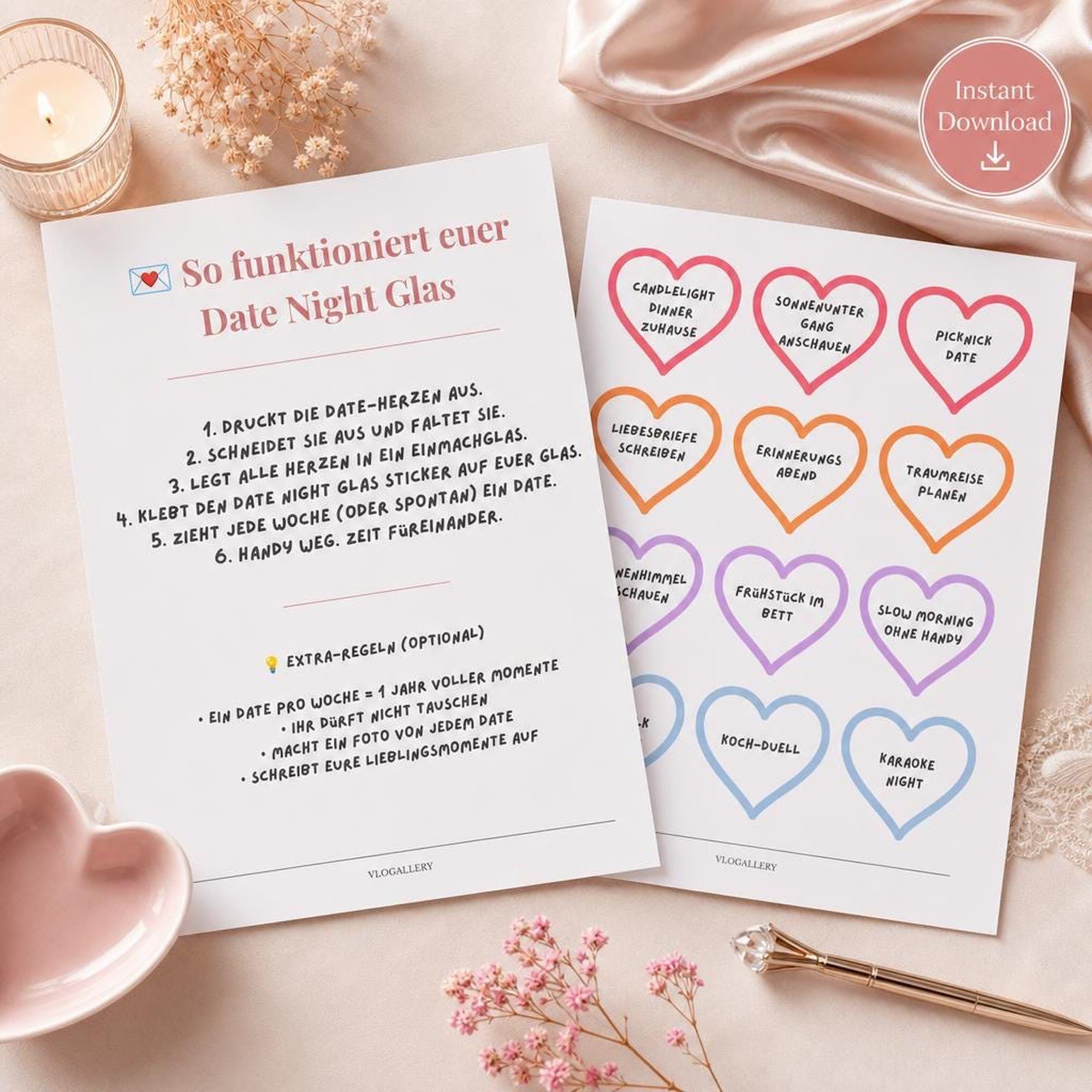Date Night Glas | 52 Ideen zum Ausdrucken | Jahrestag für Paare