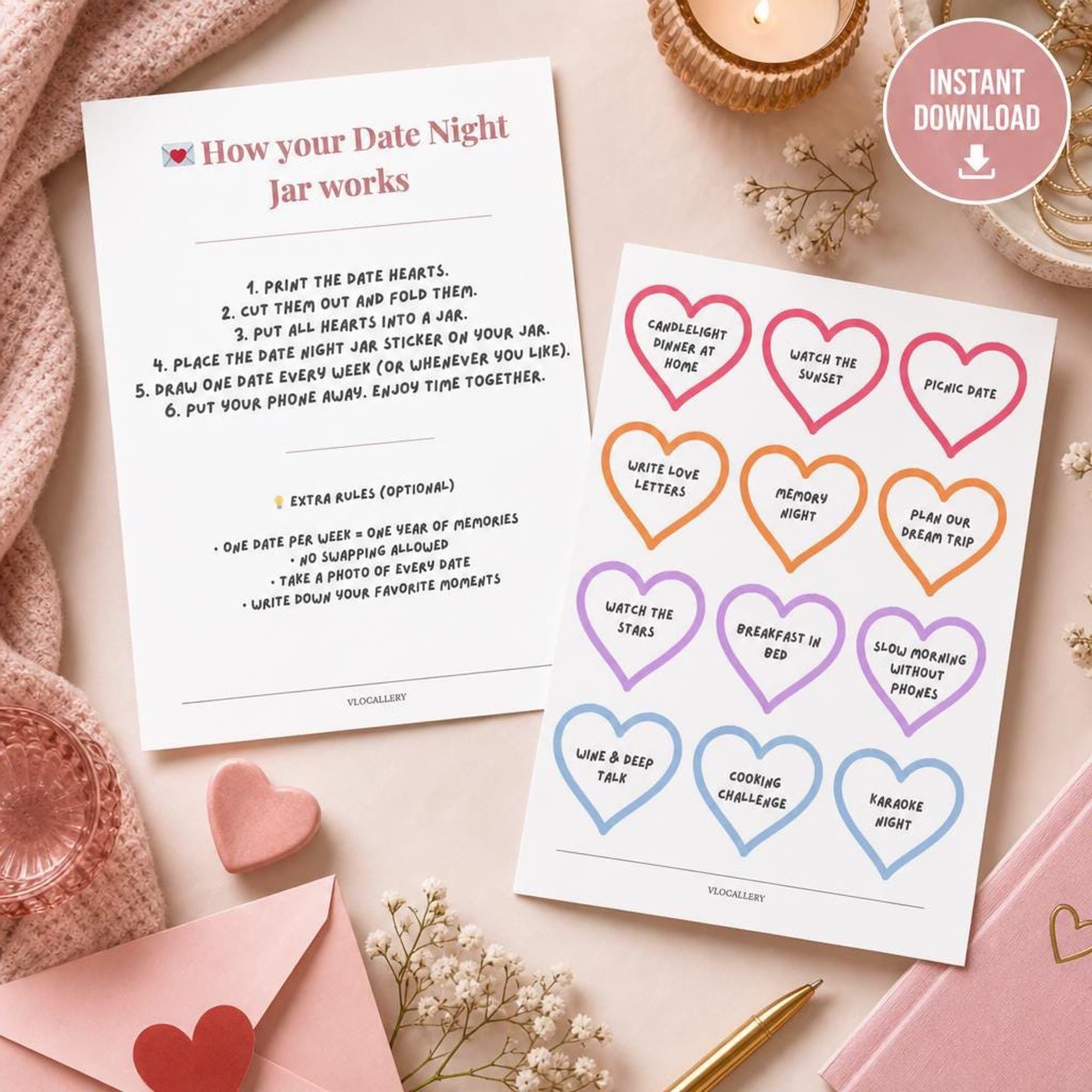 Date Night Jar Printable | Couples Activity Cards PDF | Anniversary Valentine Gift