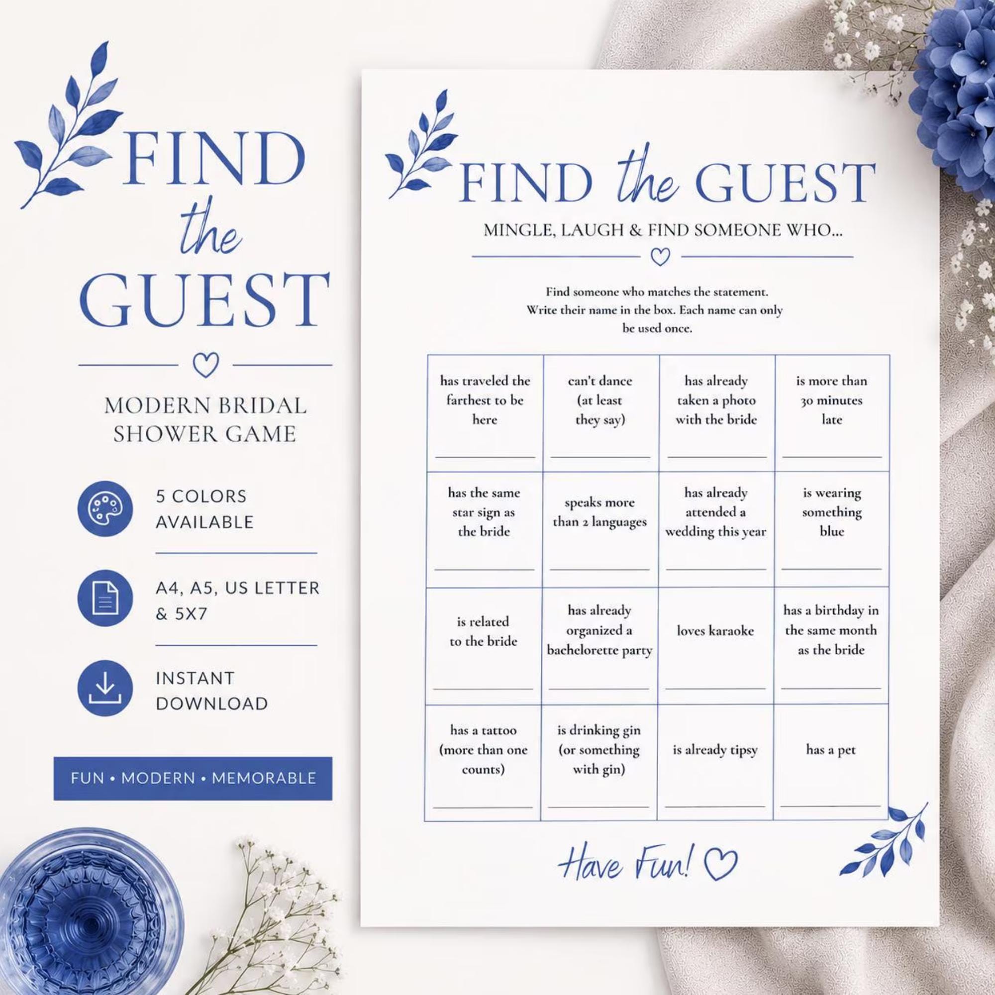 Find the Guest Bridal Shower Game | Printable Wedding Icebreaker | Bachelorette Party Activity