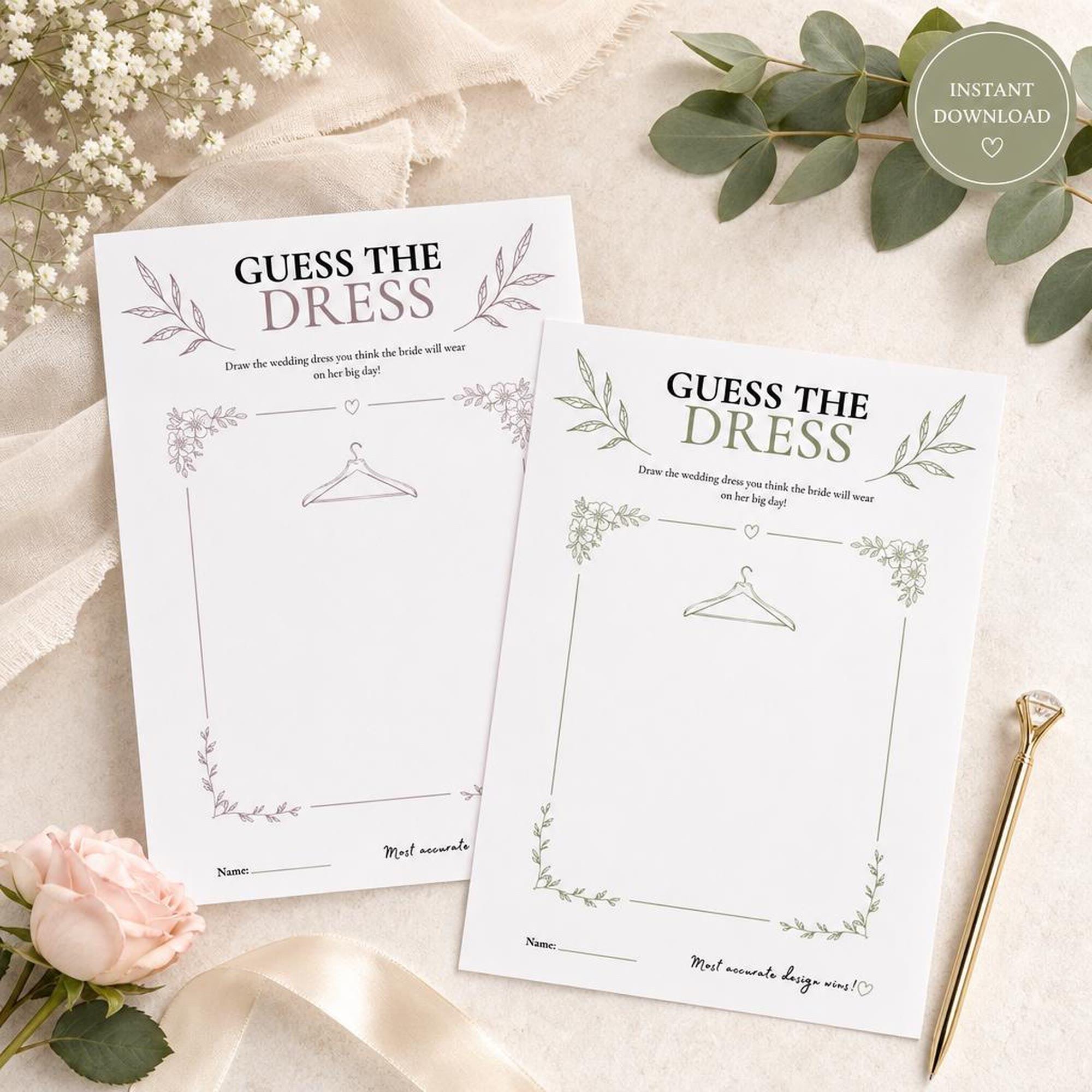 Guess the Dress Bridal Shower Game | Printable Sketch Activity, Botanical Design | Bachelorette Party Celebration