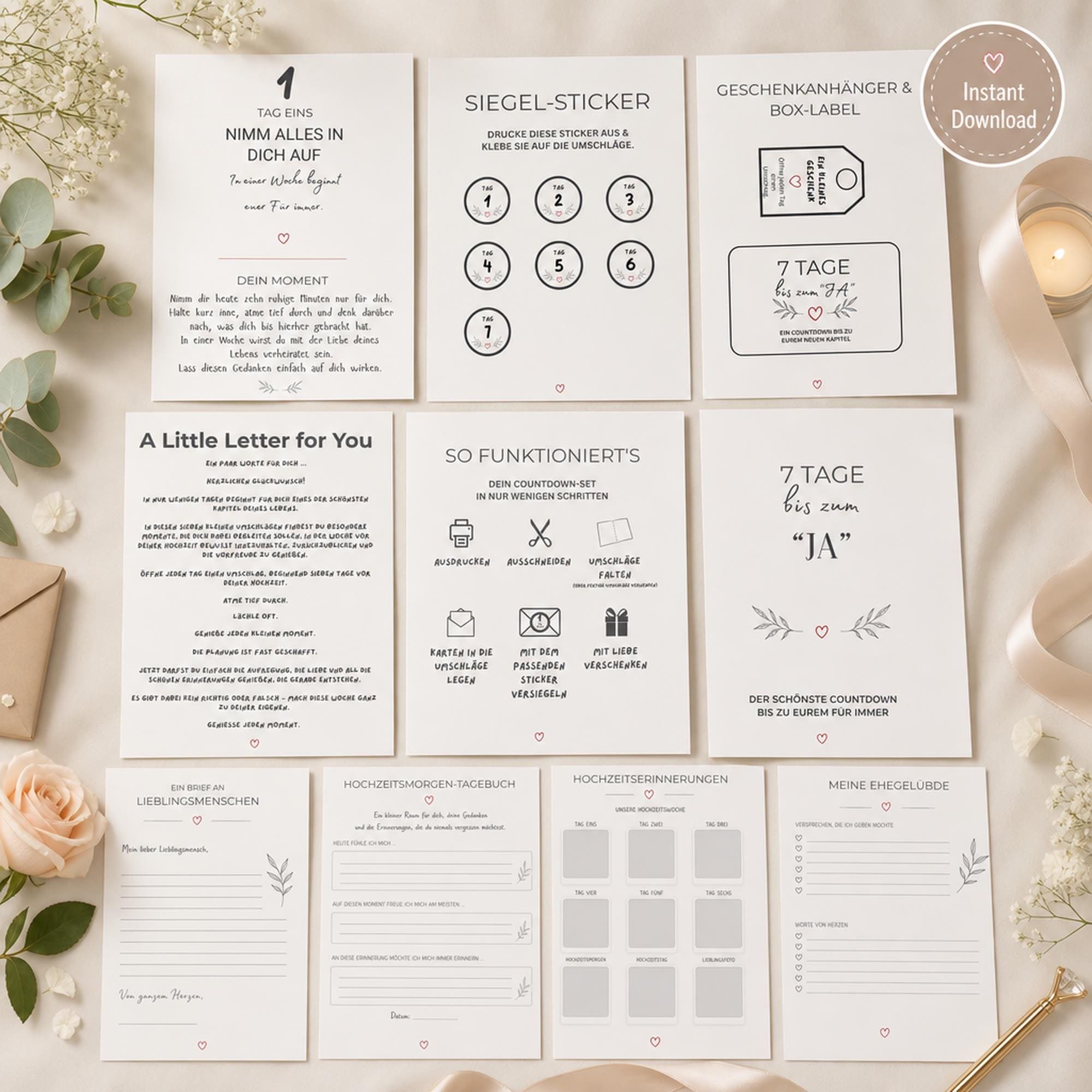 Hochzeits Countdown Geschenk | 7 Tage Printable Download | Bridal Shower für Braut