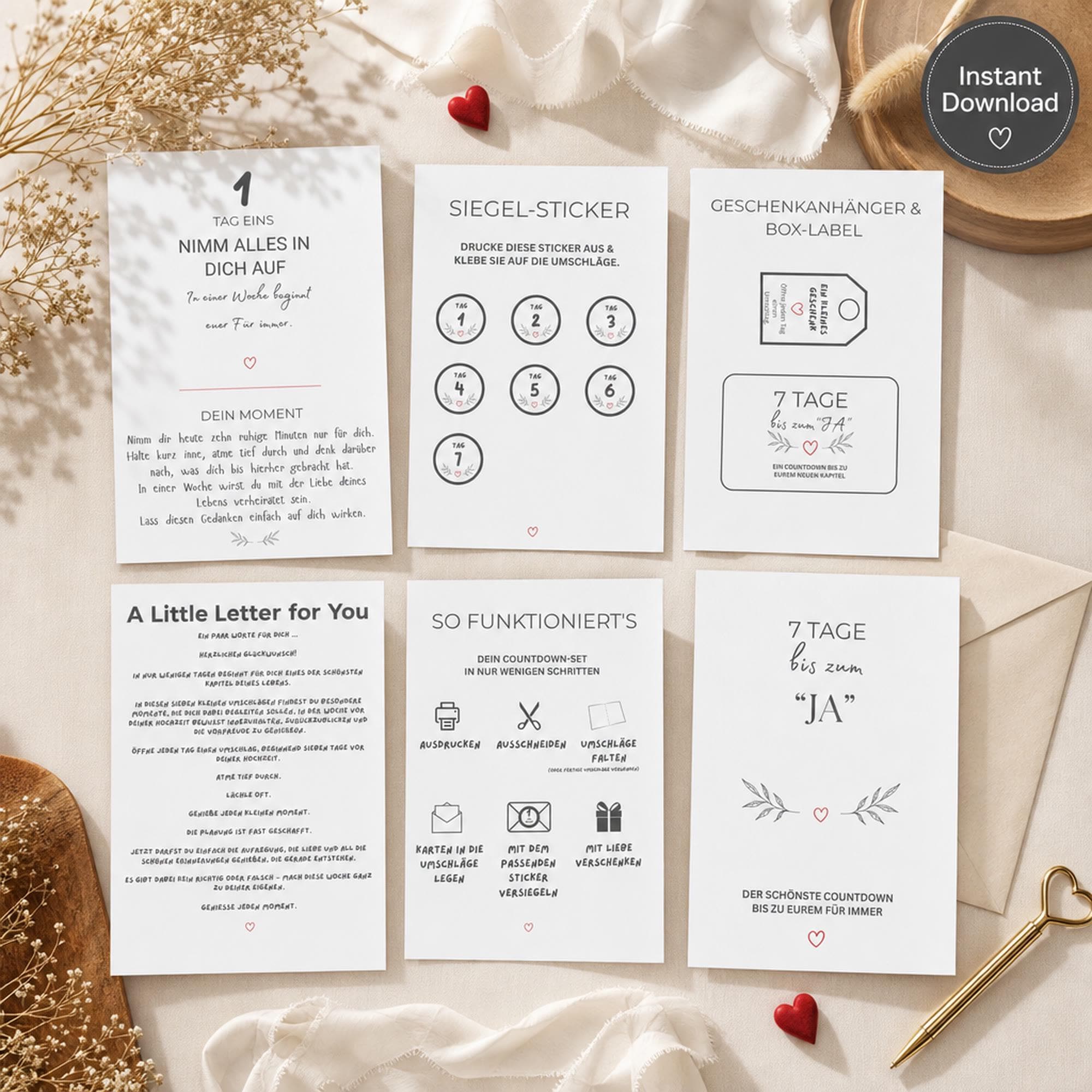 Hochzeits-Countdown zum Ausdrucken | 7-Tage DIY-Umschlagset | Brautgeschenk zur Bridal Shower