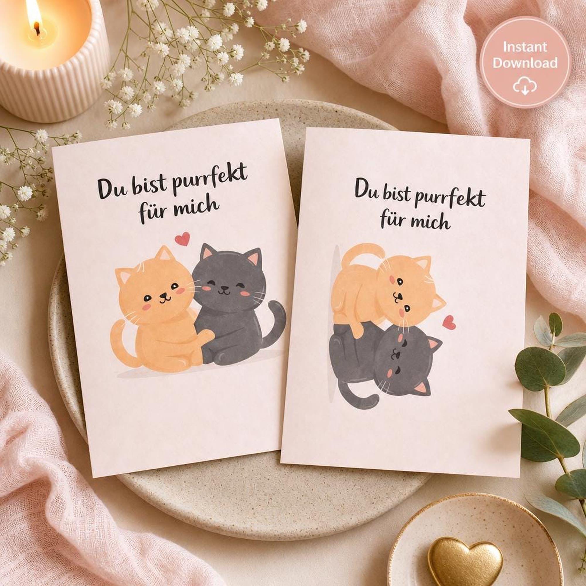 Katzen Liebeskarte | Digitale PDF-Faltkarte zum Ausdrucken | Valentinstag für Tierfreunde