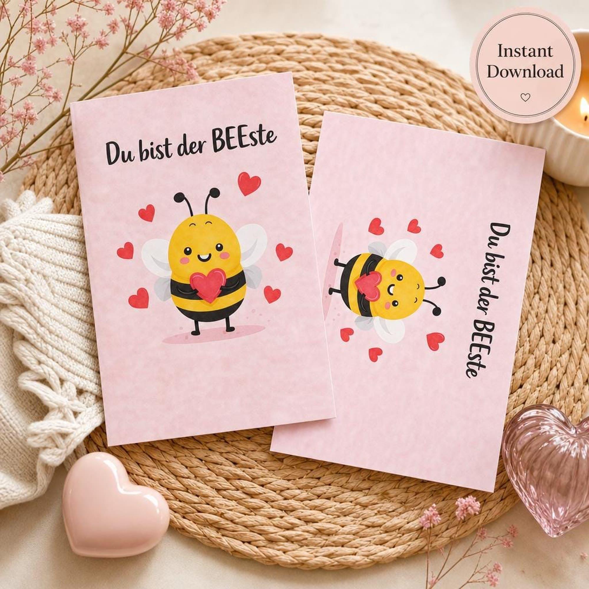 Liebeskarte zum Ausdrucken | PDF Faltkarte mit Biene | Valentinstag für Partner