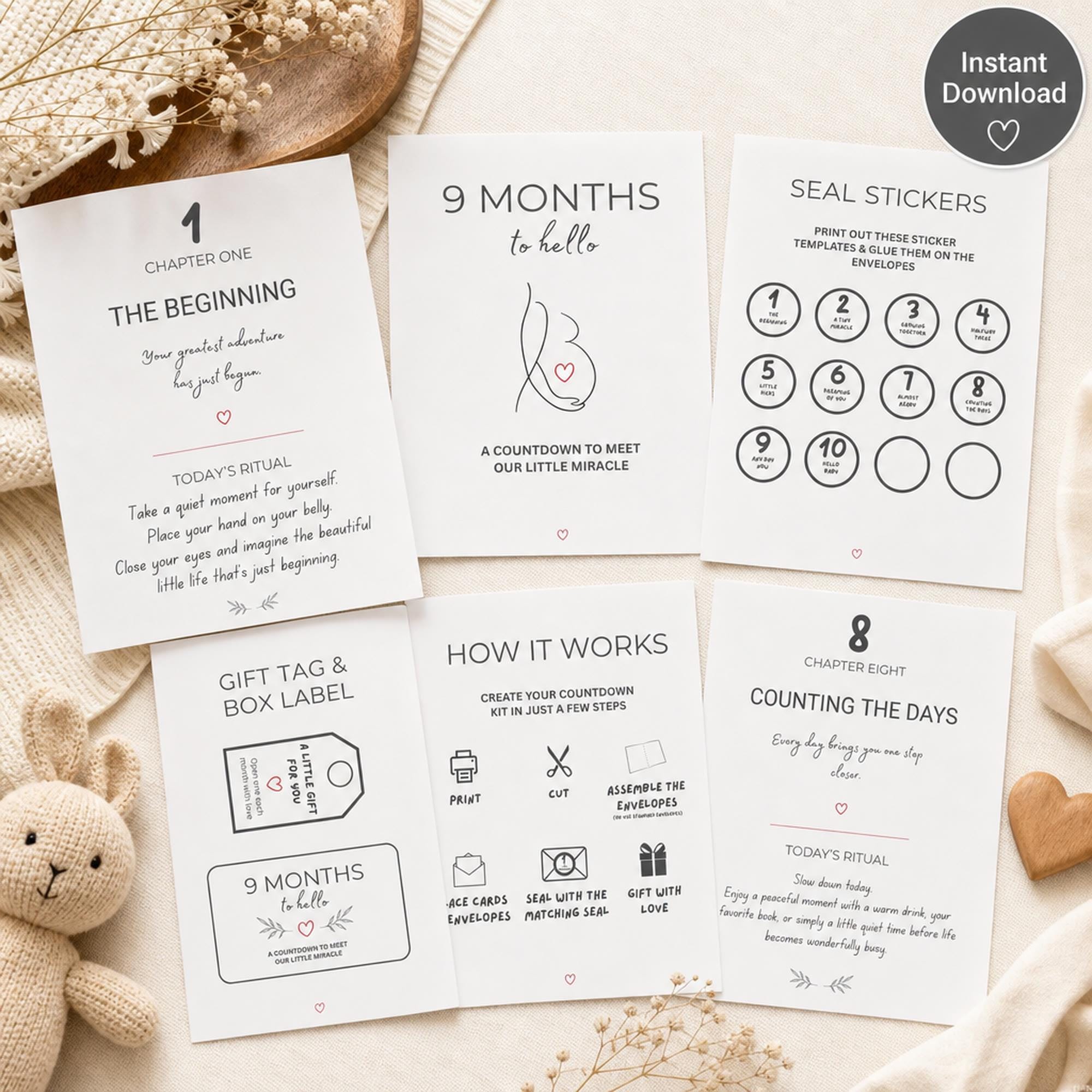 Pregnancy Countdown Gift | Printable Monthly Card Set | Baby Shower Keepsake for Mom-to-Be