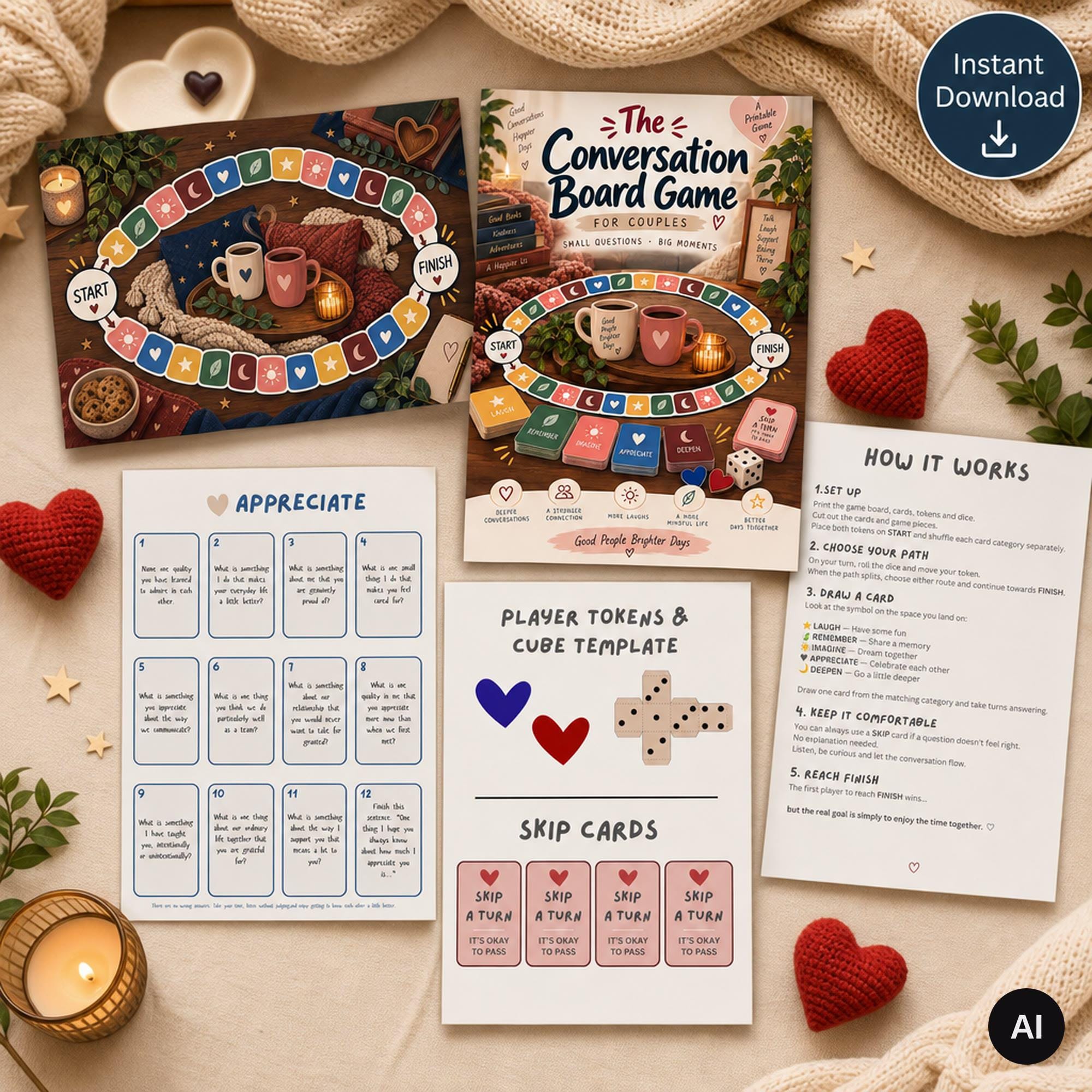 Printable Couples Date Night Game | Conversation Board with Question Cards | Anniversary Relationship Gift