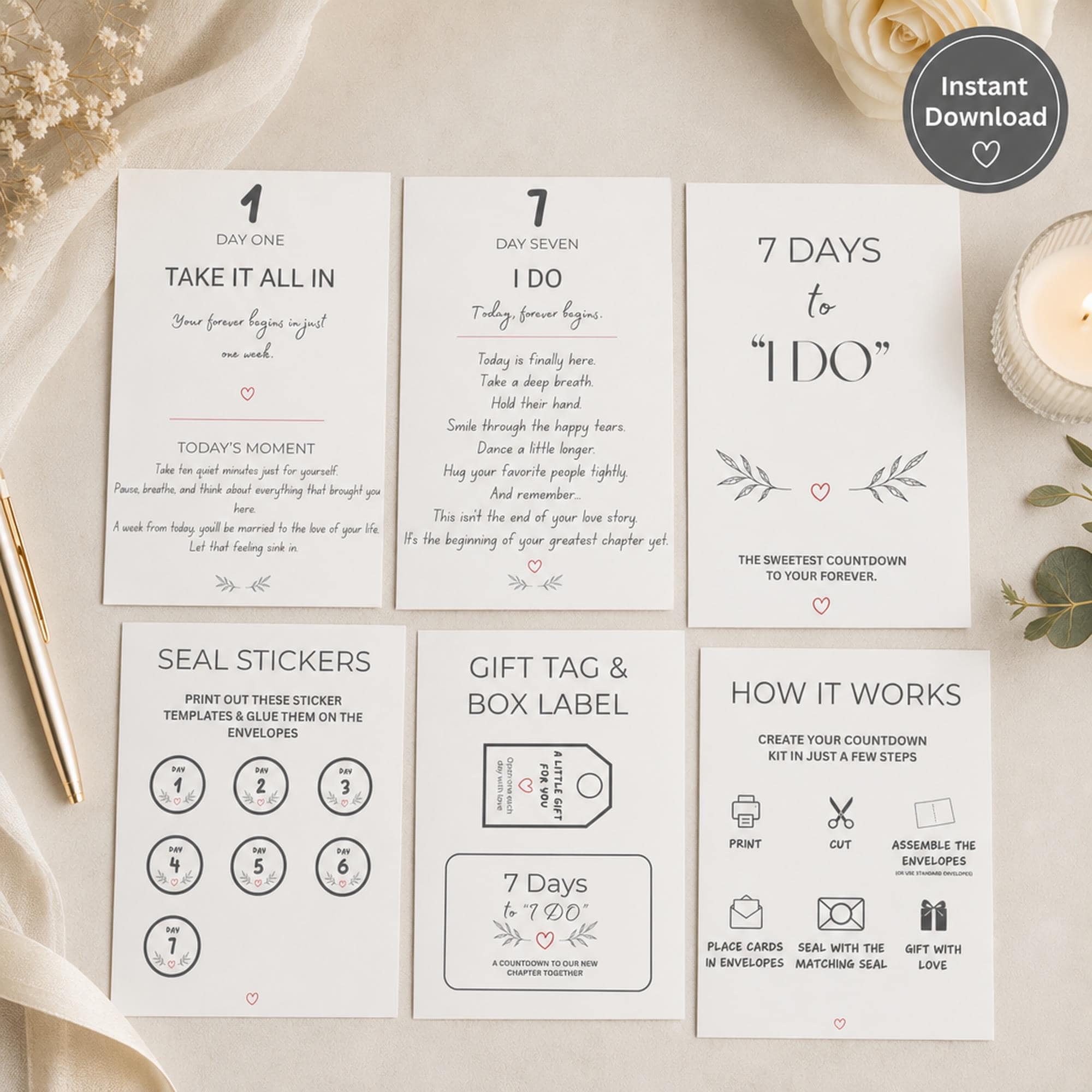 Printable Wedding Countdown | 7-Day Bridal Card Kit | Bride-to-Be Keepsake