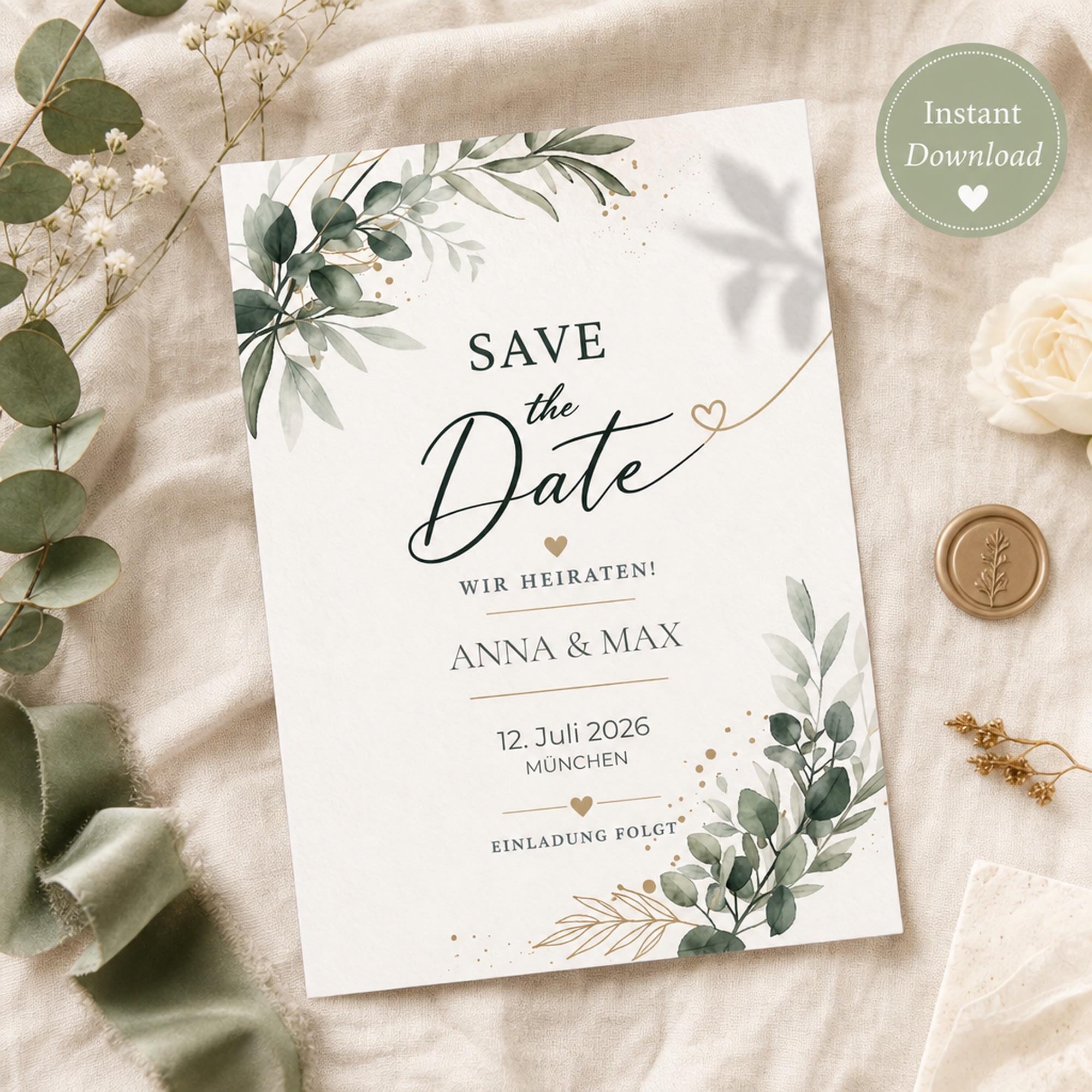 Save the Date Vorlage | Florale Canva Karte zum Bearbeiten | Hochzeitseinladung für Paare