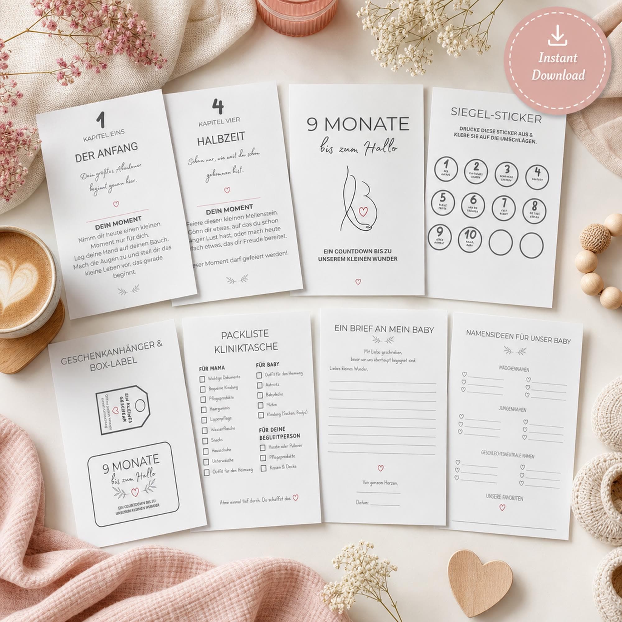 Schwangerschafts Countdown | Erinnerungsset zum Ausdrucken | Baby Shower Geschenk