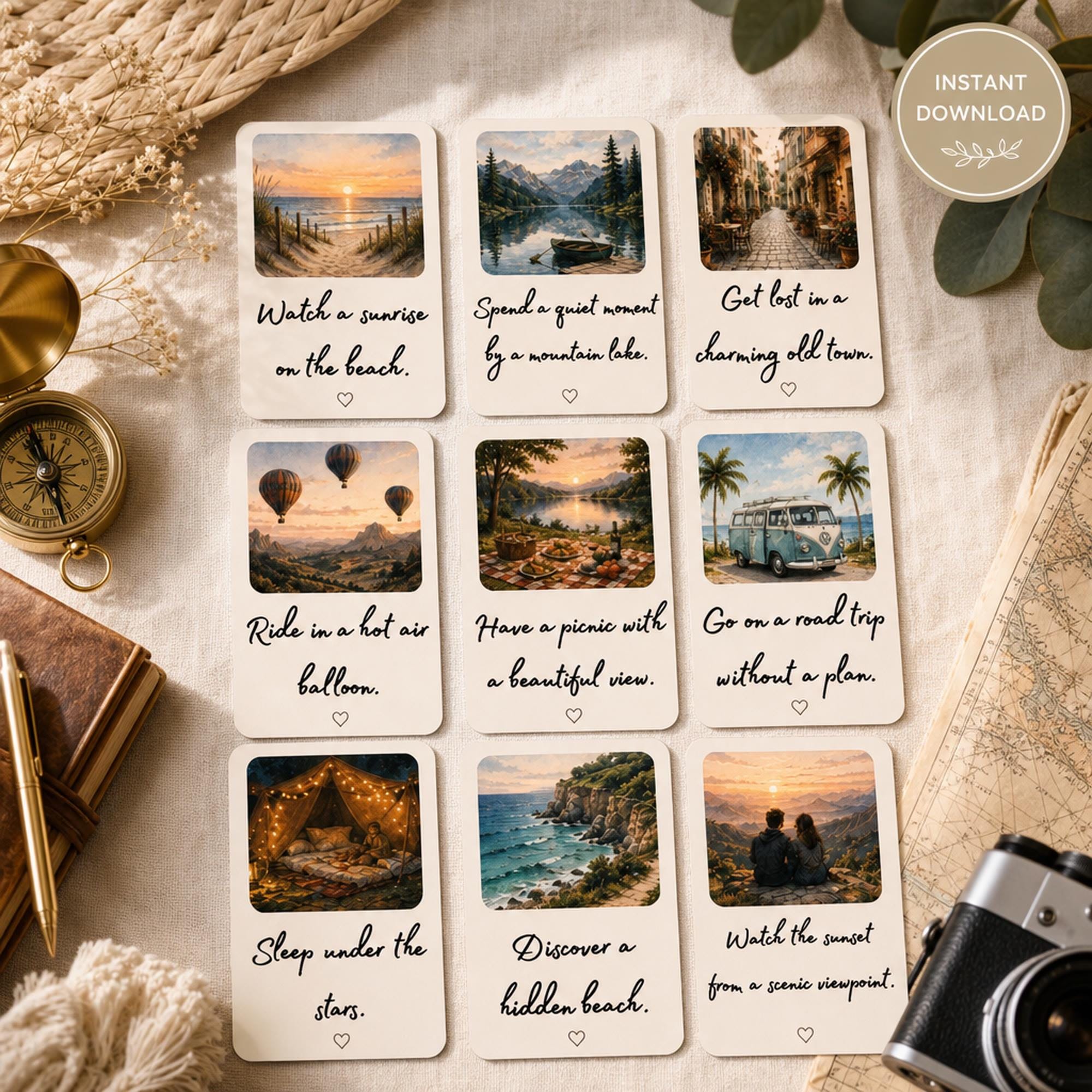 Travel Bucket List Cards Printable | Illustrated Adventure Prompts | Road Trip Honeymoon Activity