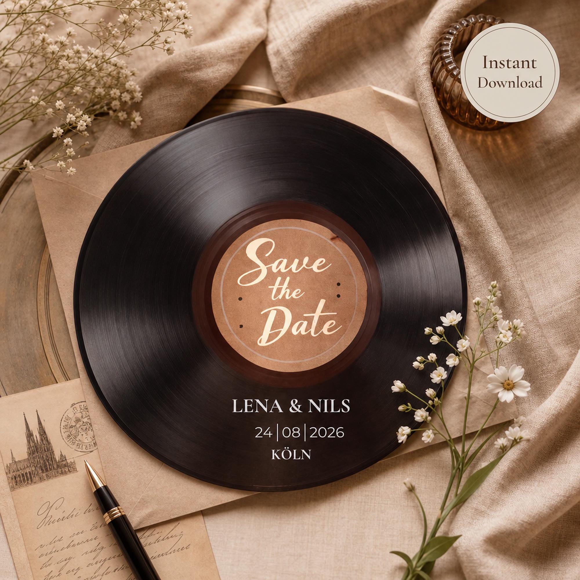 Vinyl Save the Date Vorlage | Editierbare Canva Hochzeitseinladung | Moderne Hochzeit