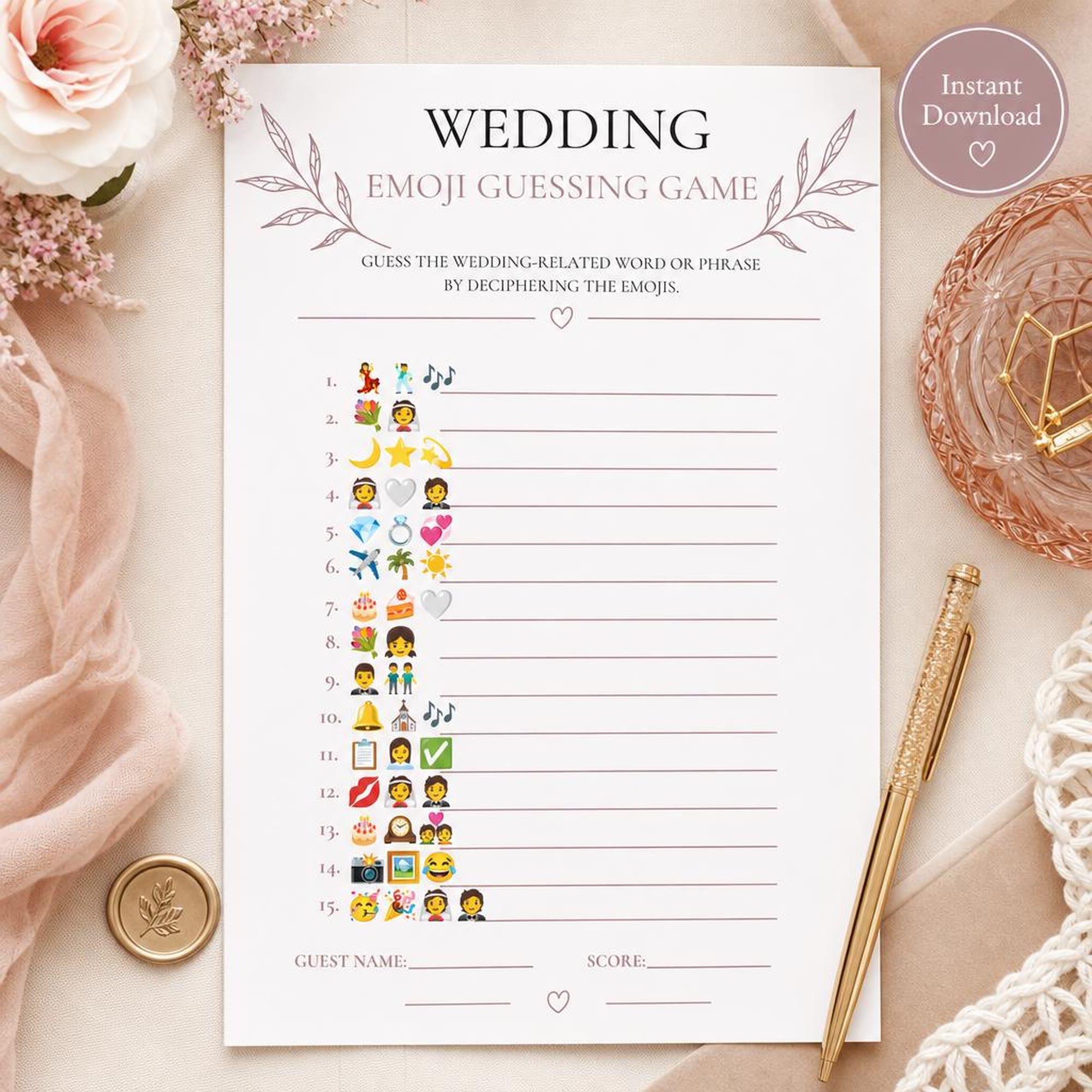 Wedding Emoji Guessing Game | Bridal Shower Printable PDF | Bachelorette Party Activity