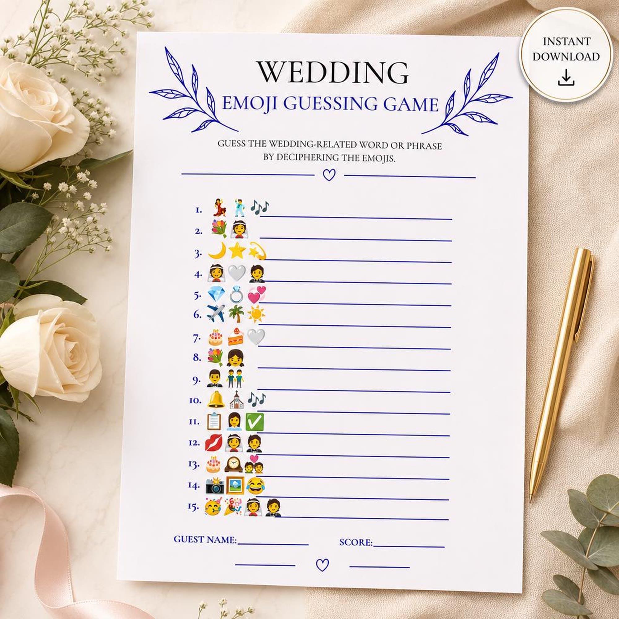 Wedding Emoji Guessing Game | Bridal Shower Printable Quiz | Hen Party Entertainment