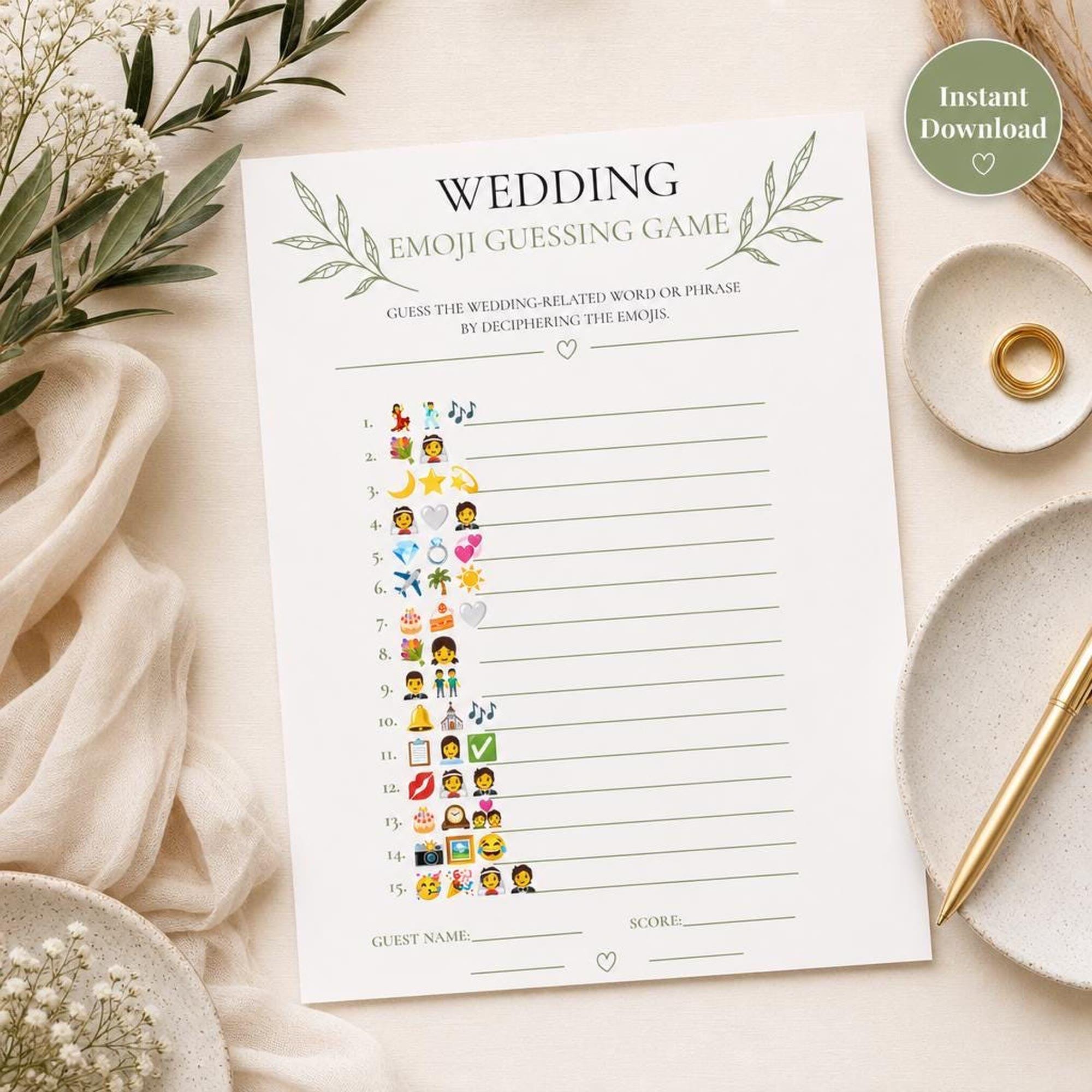 Wedding Emoji Guessing Game | Sage Green Bridal Shower PDF | Hen Party Activity