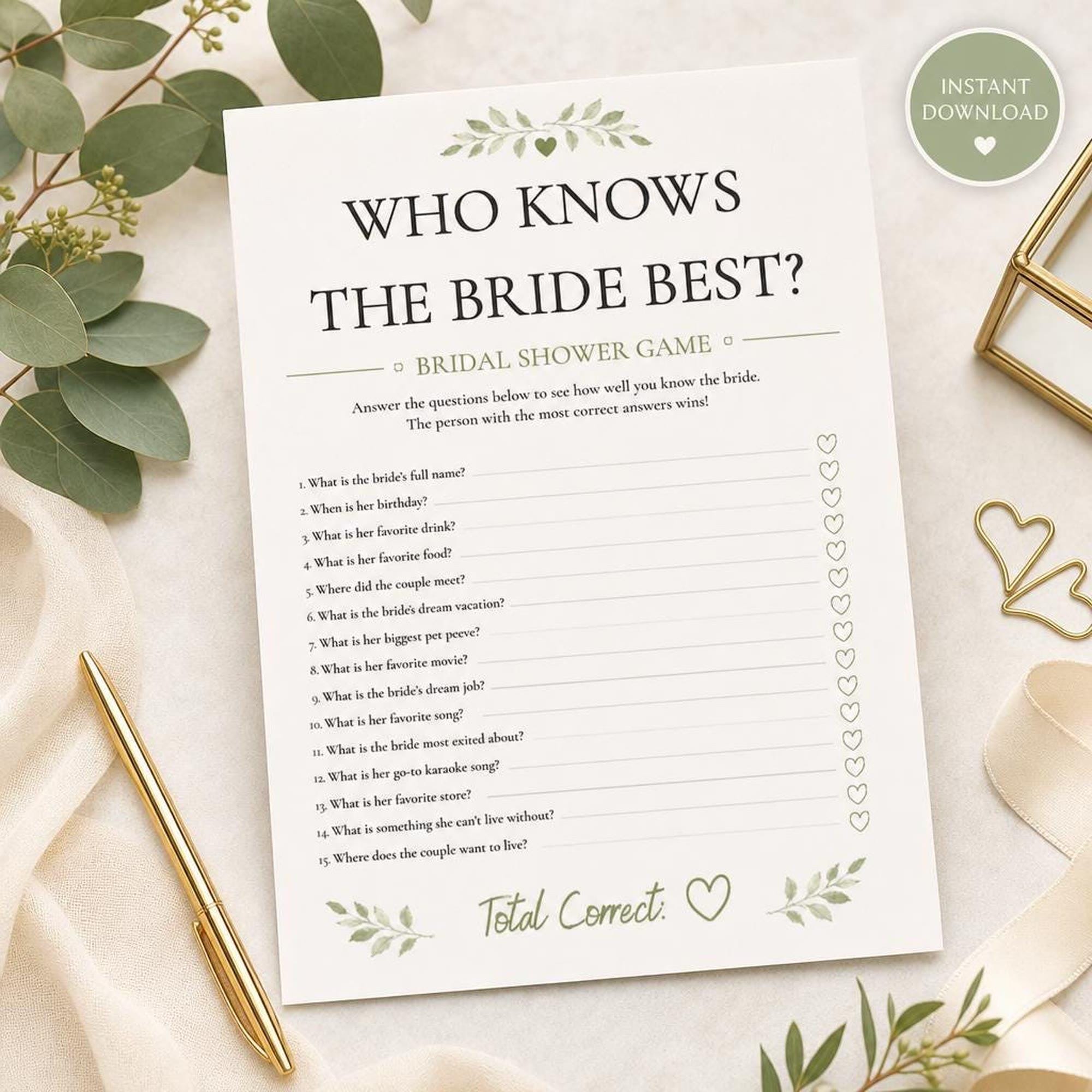 Who Knows the Bride Best Game | Printable Bridal Shower Activity | Bachelorette Party Trivia
