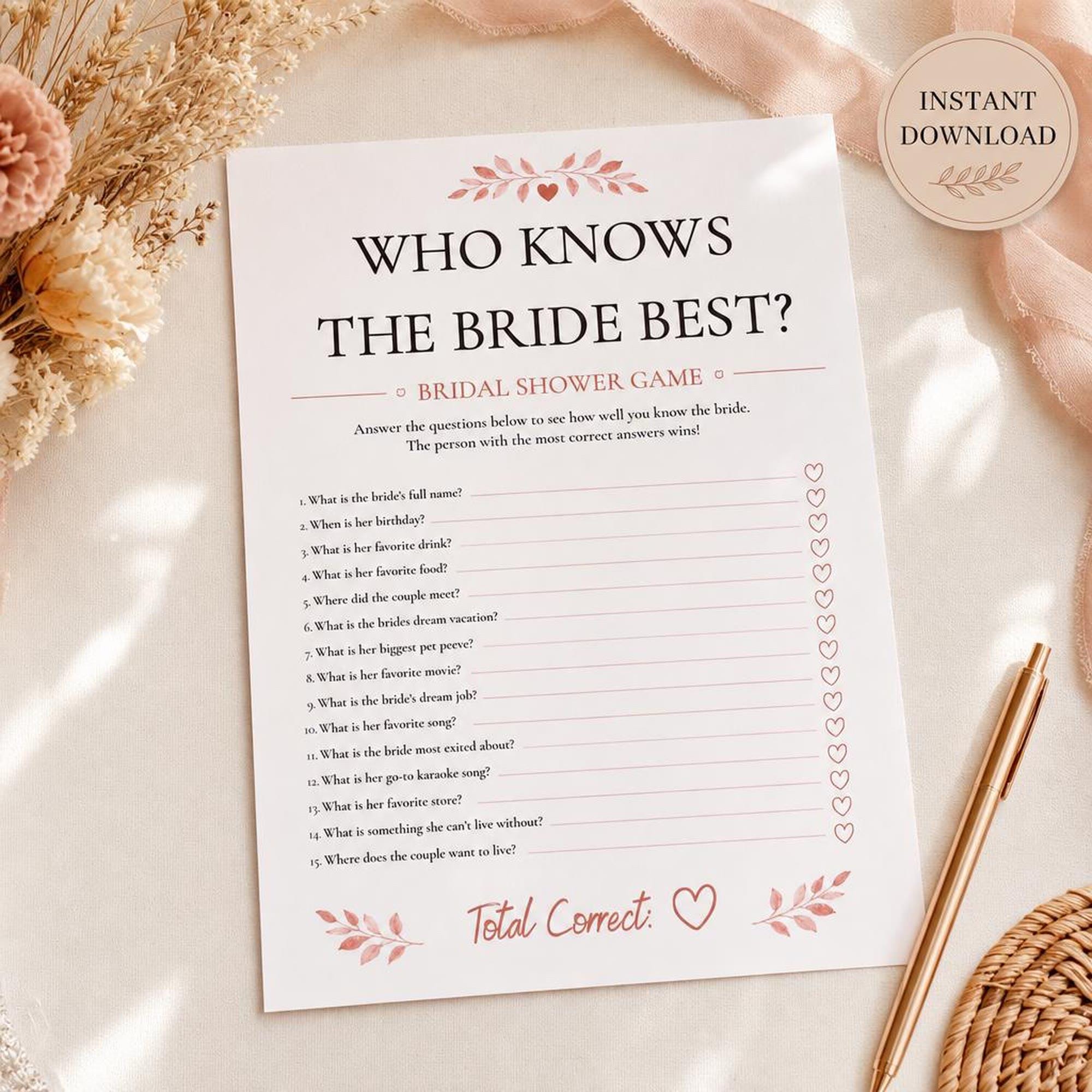 Who Knows the Bride Best Game | Printable Bridal Shower Quiz | Bachelorette Party Activity