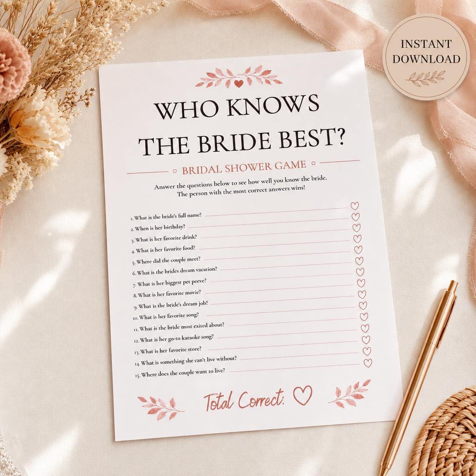 Who Knows the Bride Best Game | Printable Bridal Shower Quiz | Bachelorette Party Activity Bundle