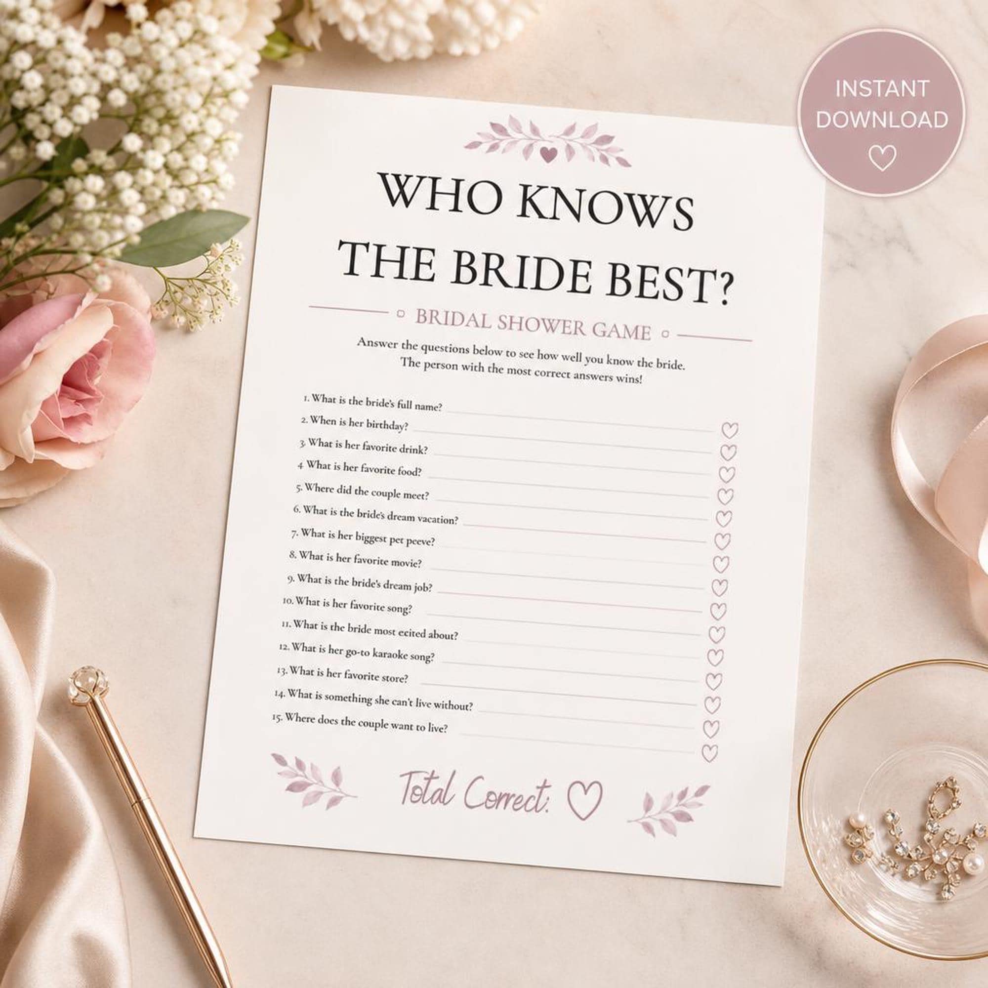Who Knows the Bride Best Game | Printable Quiz Activity | Wedding Shower Celebration