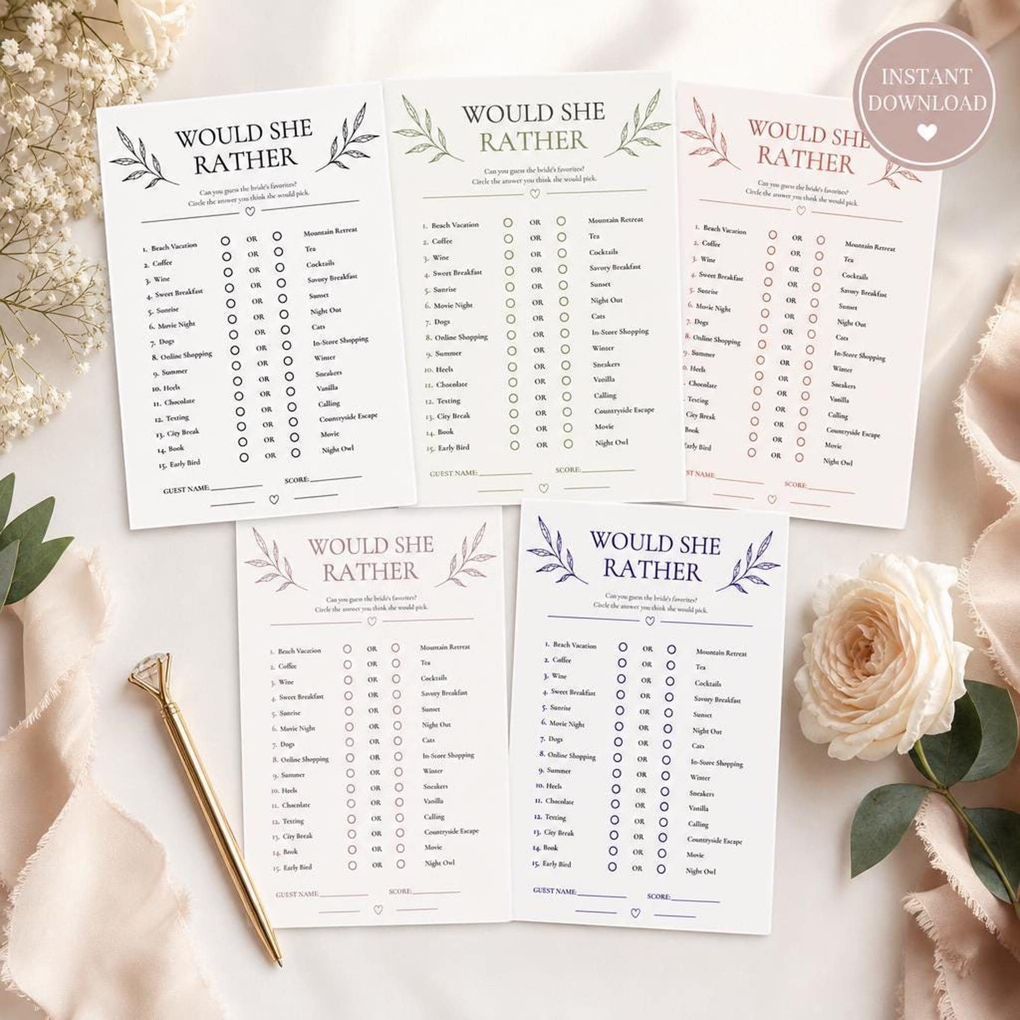 Would She Rather Bridal Shower Game | Five Color Themes Digital Download | Bride Trivia Icebreaker