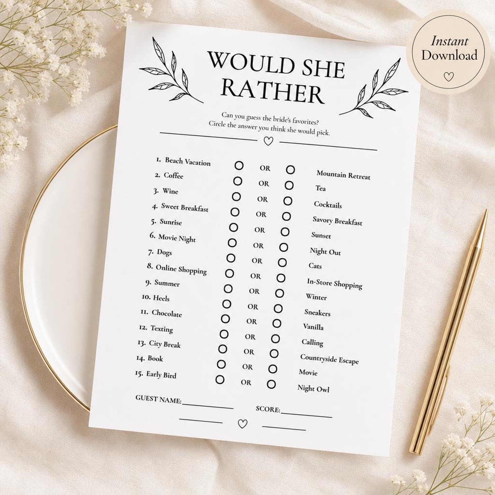 Would She Rather Bridal Shower Game | Printable Bride Trivia Activity | Bachelorette Party Celebration